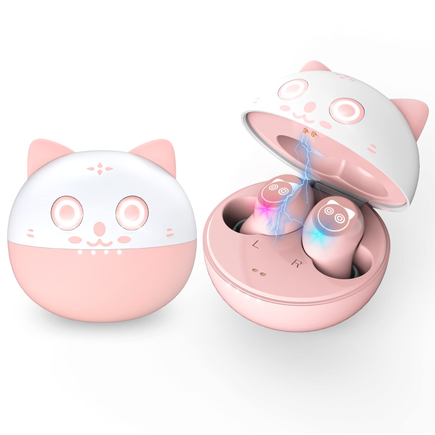 Kids Wireless Earbuds for Small Ears - Sweatproof Bluetooth 5.1 Headphones with Noise Cancelling & Cute Cartoon Kitty Charging Case - Perfect for School, Travel & Playtime