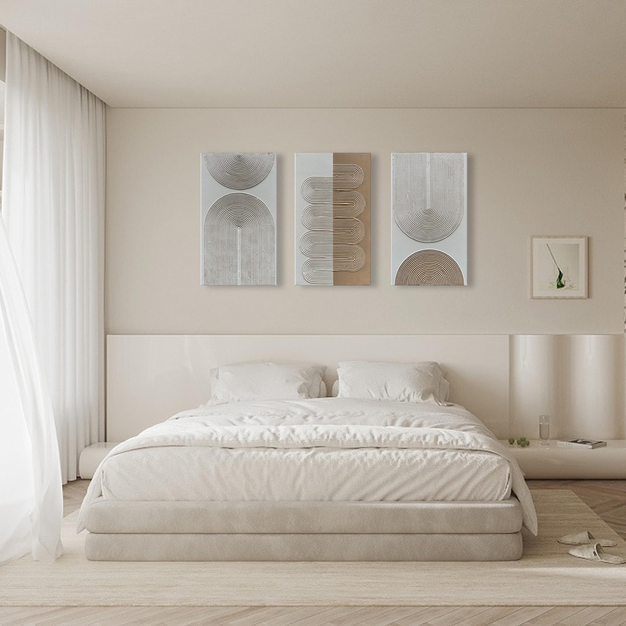 Hand-Painted Abstract Oil Painting Set of 3 - White & Brown Textured Contemporary Minimalist Wall Art (28x16 Inches) - Perfect for Living Room, Bedroom & Office Decor