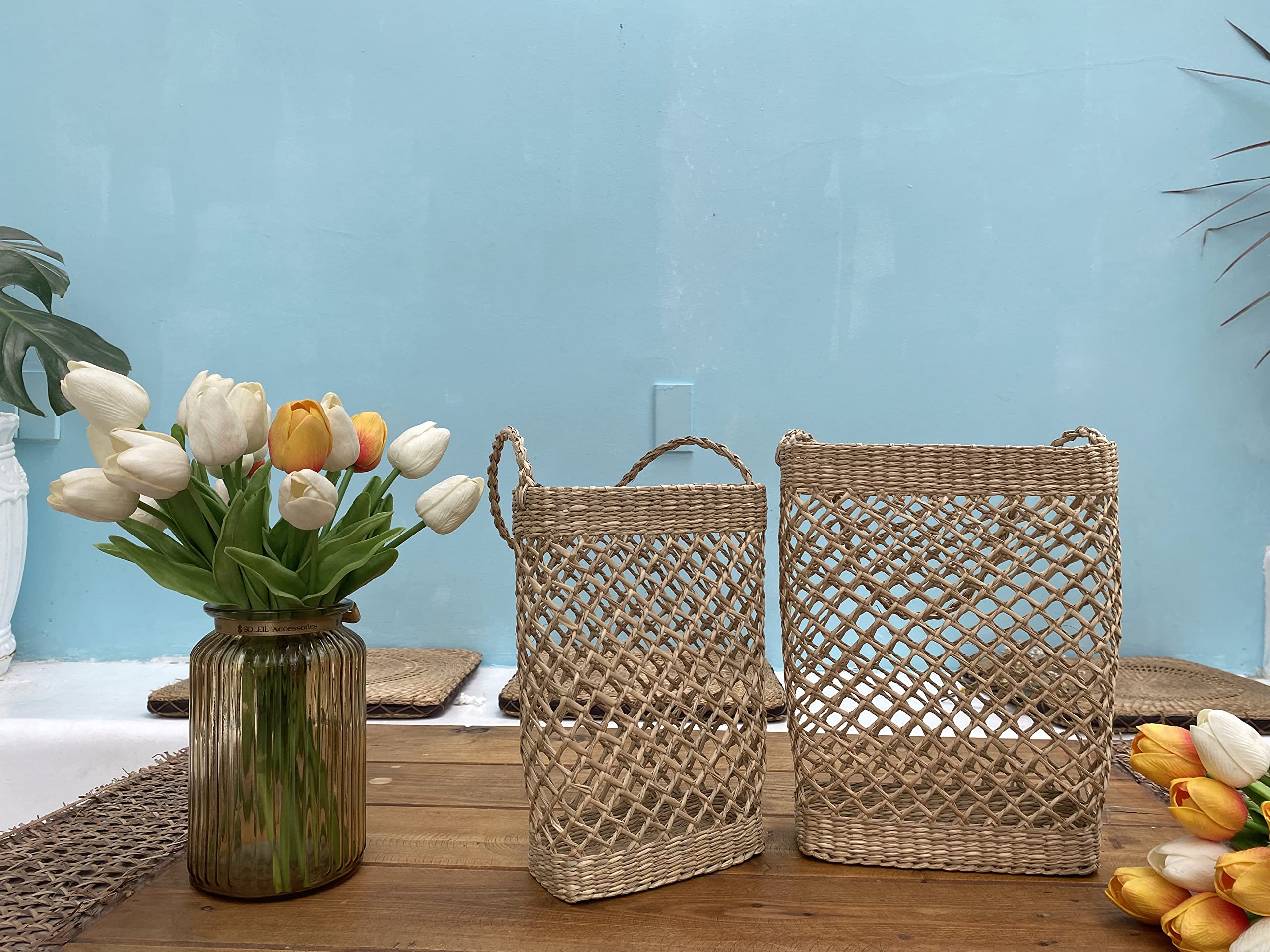 Handmade Seagrass Wall Hanging Baskets Set of 2 - Boho Farmhouse Wicker Decor for Front Door, Flowers, Wreaths & Pampas Grass | Perfect for Spring Decor, Wedding Centerpieces & Cozy Home Styling