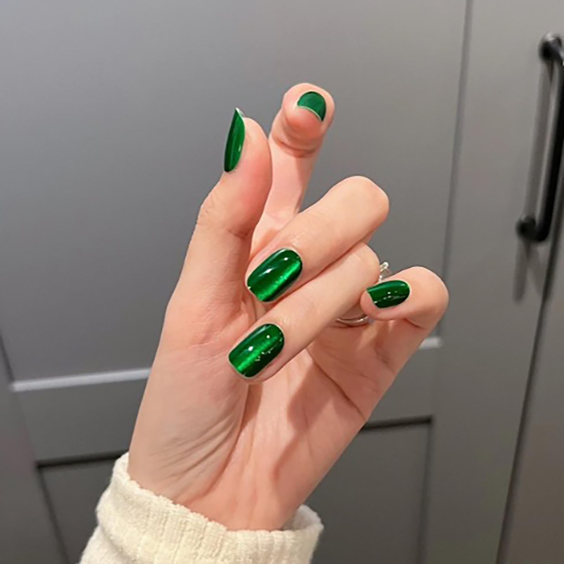 24 Pcs Short Square Press On Nails - Jade Green Shiny Glitter Full Cover Acrylic Fake Nails with Glossy Gradient Design for Spring Summer Manicure | Perfect for Parties, Weddings, Date Nights & Everyday Wear