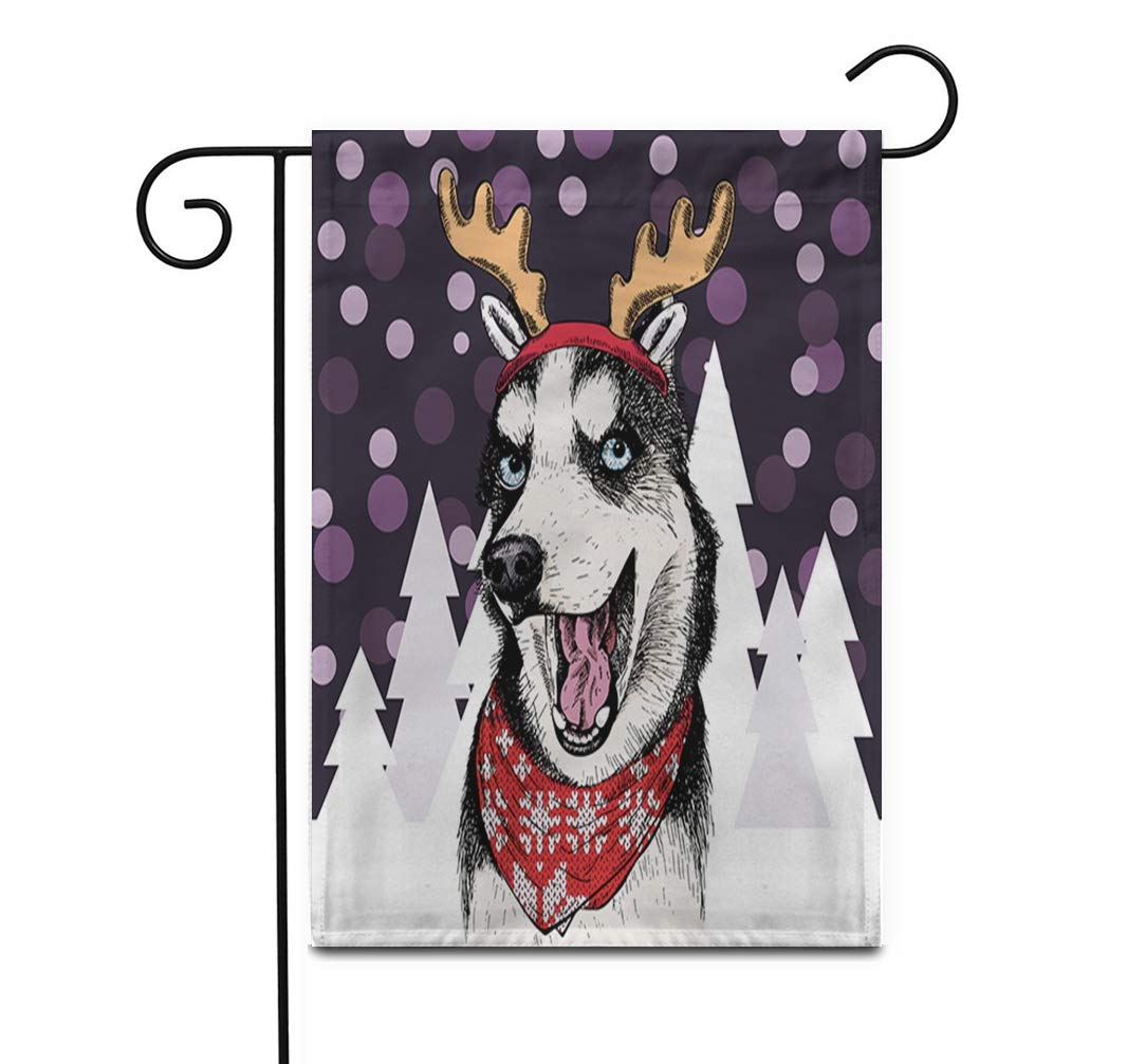 12x18 Inch Siberian Husky Dog Garden Flag with Reindeer Antlers - Double Sided Outdoor Yard Banner for Patio, Lawn & Winter Decor | Perfect for Christmas, Holiday Home Decoration & Seasonal Landscape Design