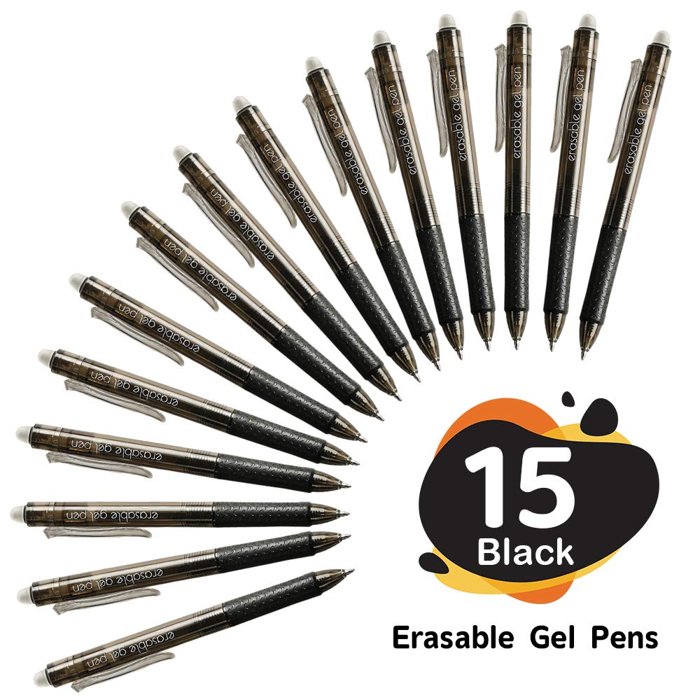 15 Pack Black Retractable Erasable Gel Pens - Fine Point Clicker Pens with Smooth Black Ink for Writing, Planning & Crossword Puzzles | Perfect for Office, School, Note Taking & Journaling