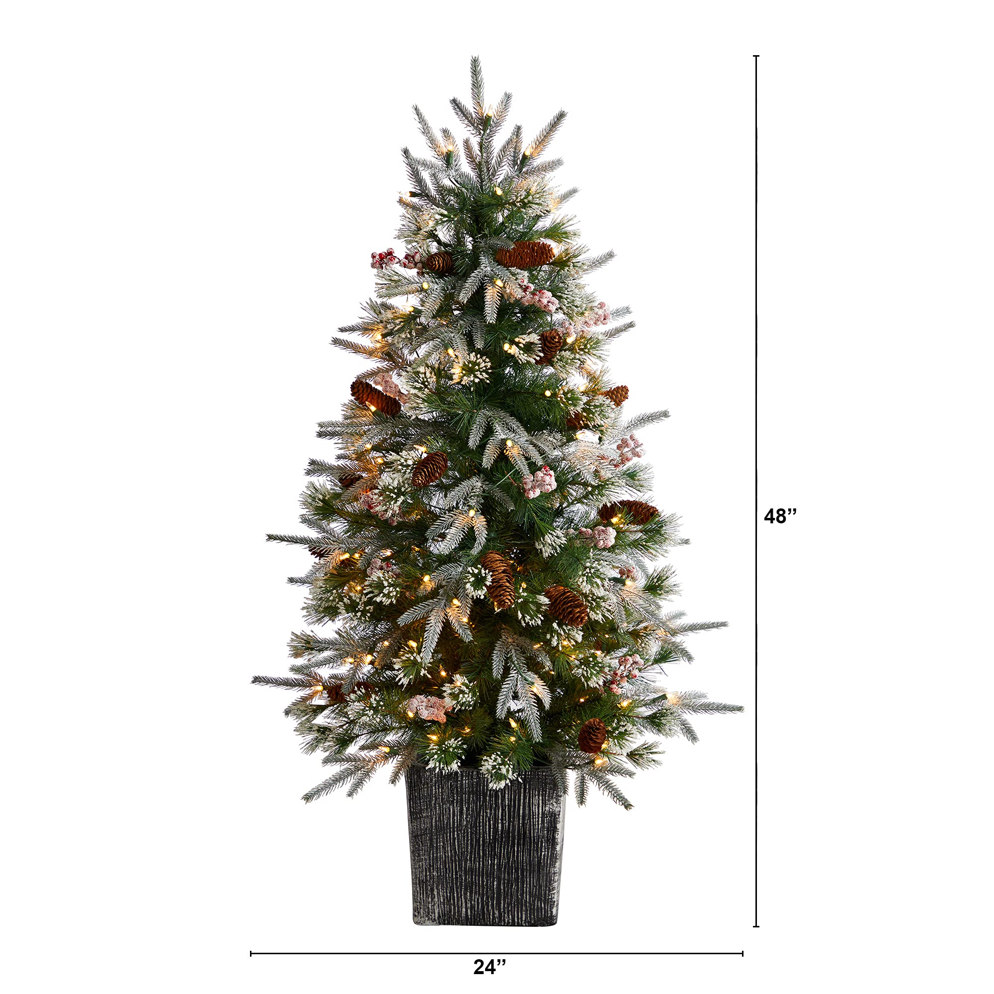 Nearly Natural 4ft Pre-Lit Frosted Artificial Christmas Tree with 105 Warm White LED Lights & Berries in Decorative Planter - Perfect for Home, Office, and Holiday Decorations