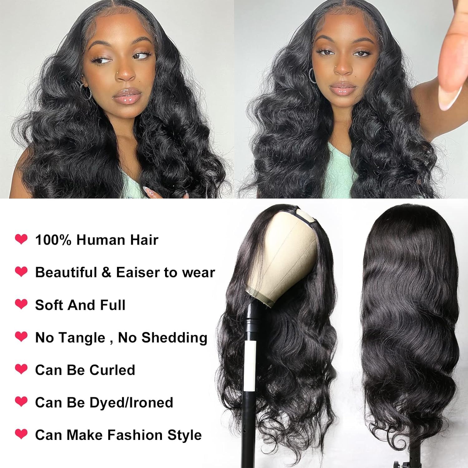 150% Density Body Wave U Part Human Hair Wig - Glueless Brazilian Remy Hair U-Shape Clip-in Half Wig (24 Inch) for Daily Wear & Special Occasions