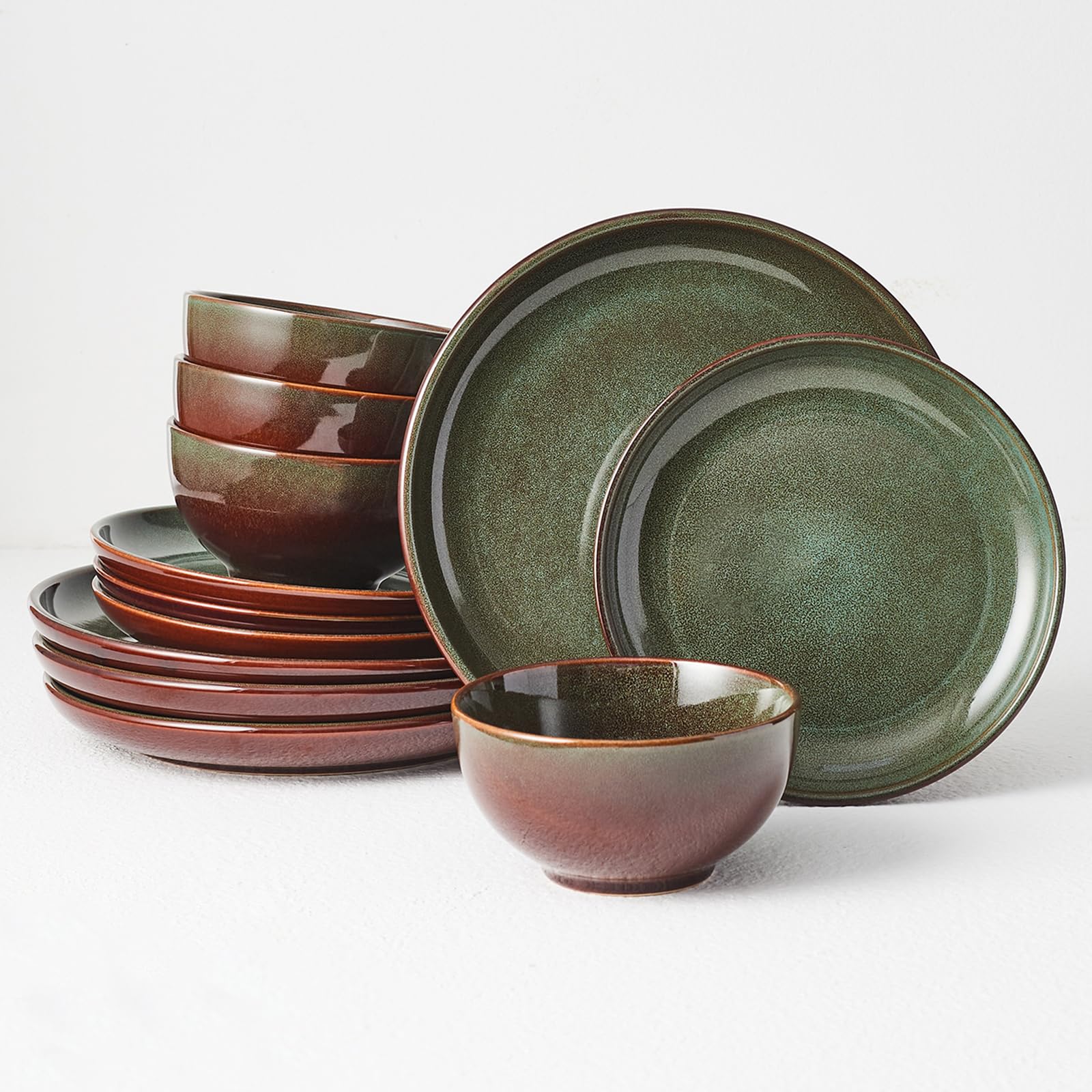 **12-Piece Stoneware Dinnerware Set for 4, Handmade Reactive Glaze Plates & Bowls, Chip & Crack Resistant Ceramic Dish Set in Brown & Green – Perfect for Everyday Dining & Entertaining**