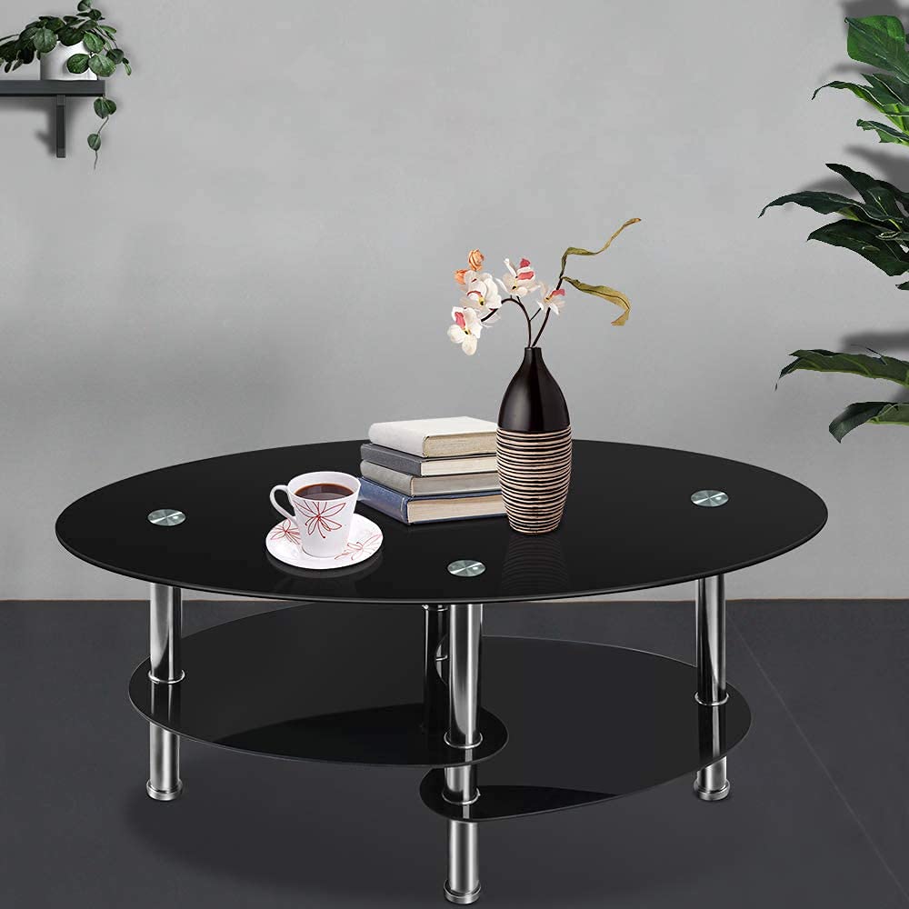 Modern Oval Glass Coffee Table - 2 Tier Black End Table with Tempered Glass & Chrome Stainless Steel Legs for Living Room, Office, Lounge | Durable & Stylish Home Decor Furniture