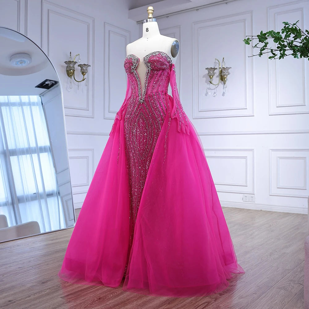 Luxury Dubai Arabia Blue Mermaid Evening Dress with Gloves & Overskirt - Formal Gown for Prom, Wedding, Red Carpet Events | Elegant Women's Party Dress LA72582