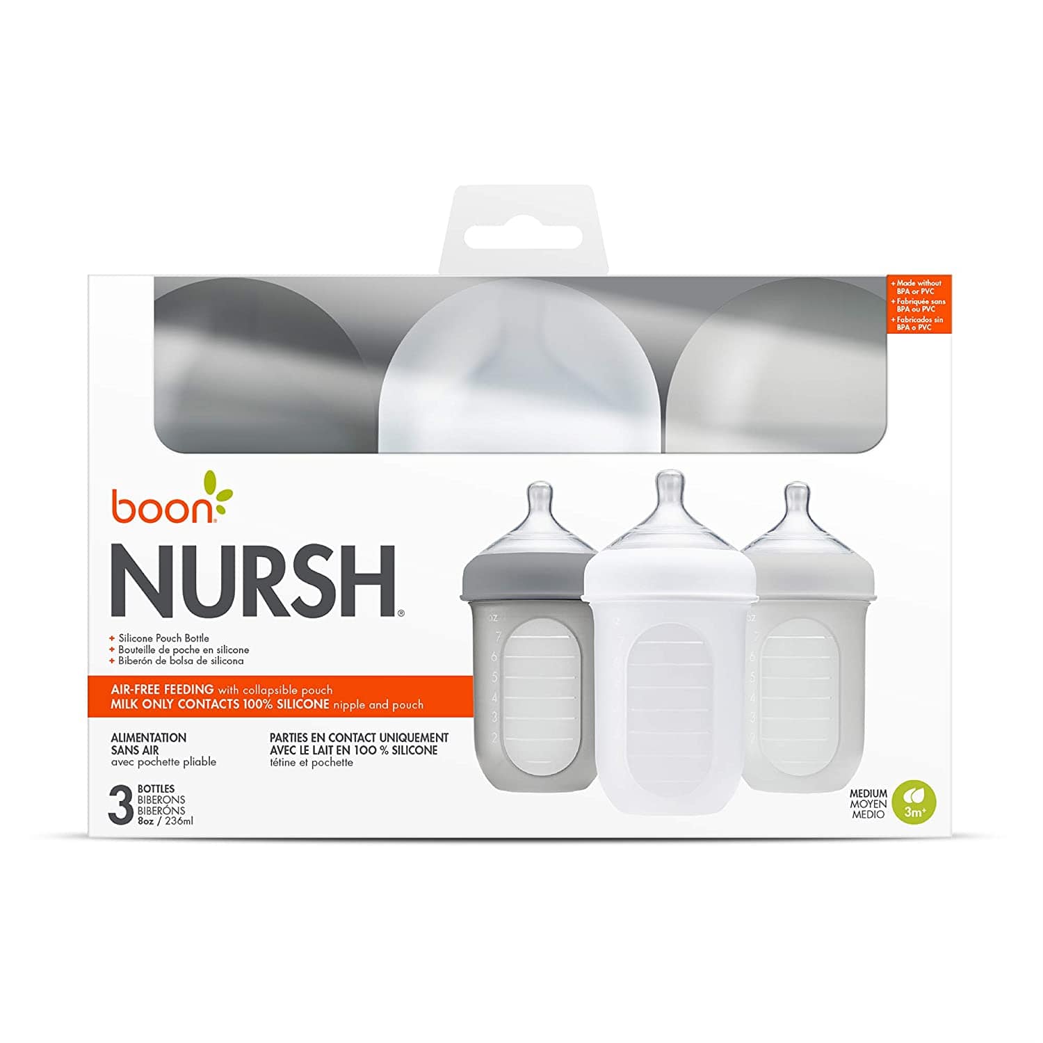 Boon Nursh Silicone Pouch Bottle - 8oz (3 Pack) Grey - Leak-Proof Baby Feeding Bottle for On-the-Go, Travel & Daycare Use