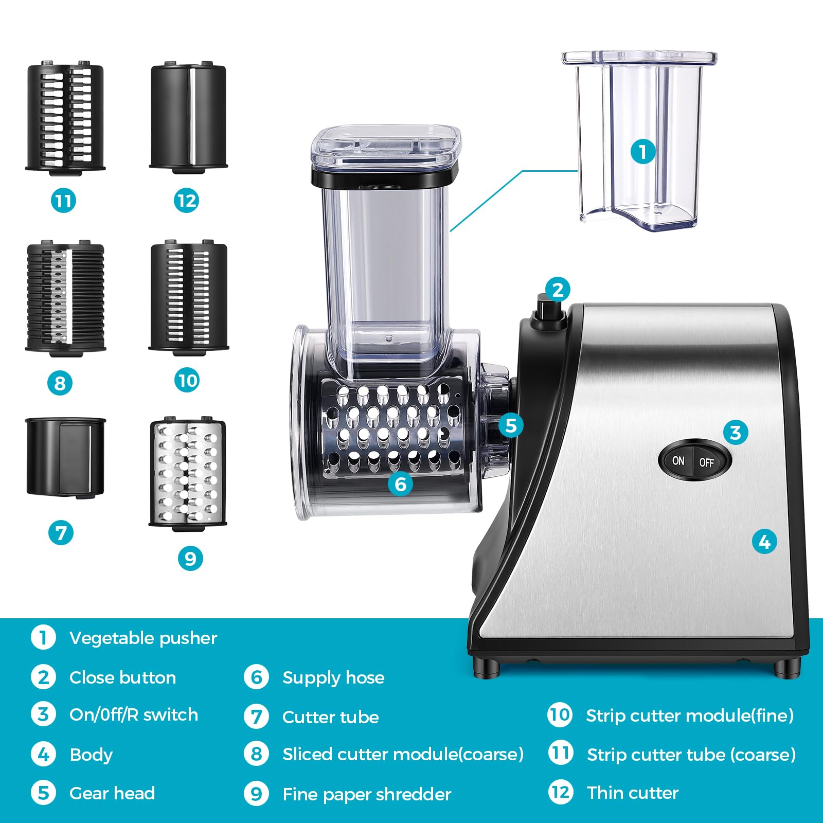 250W Electric Slicer Grater - Multi-Function Salad Maker & Cheese Shredder with 5 Free Attachments, Extra Large Feed Port for Fast Food Prep - Perfect for Kitchens, Restaurants, and Catering Services