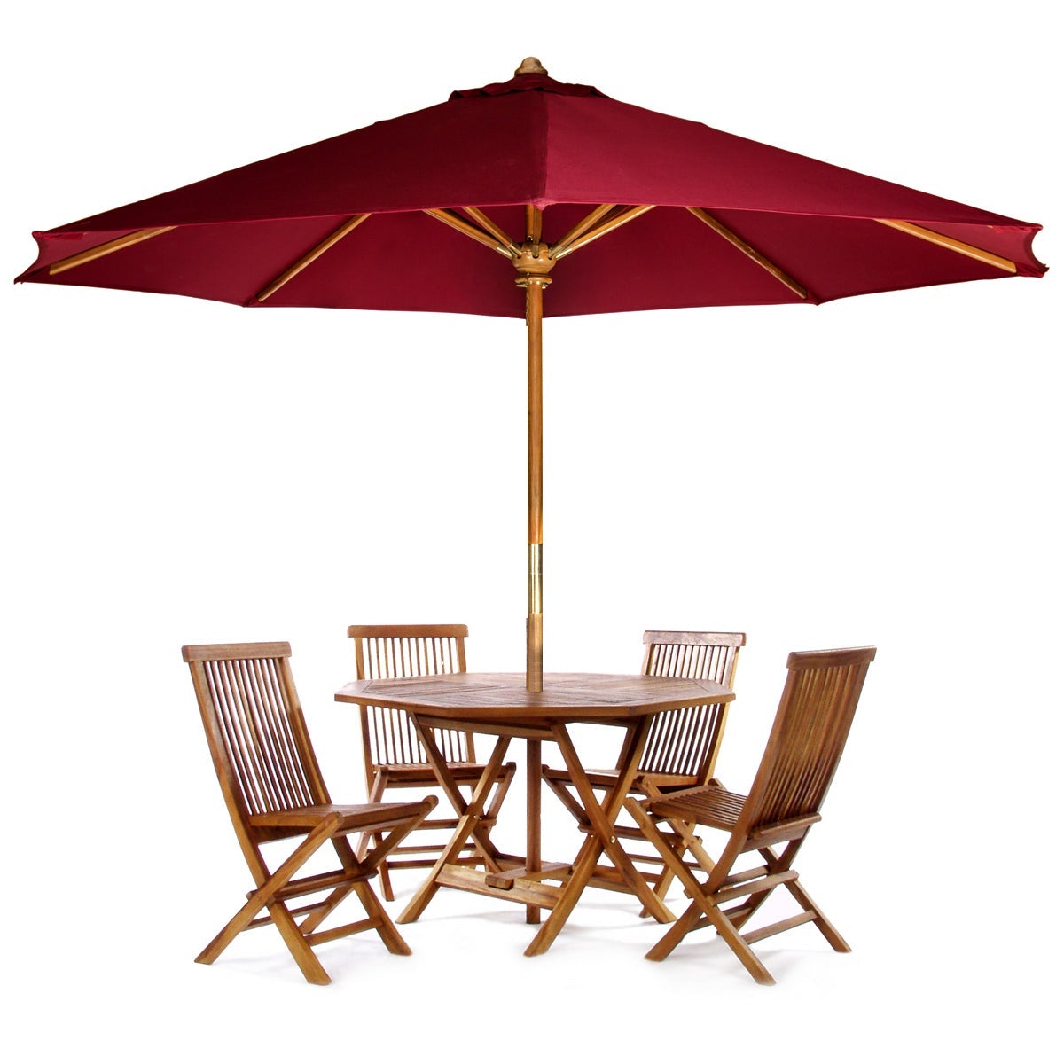 All Things Cedar 6-Piece 4-Foot Teak Octagon Folding Table Set with Umbrella - Perfect for Outdoor Dining, Patio Parties & Garden Gatherings