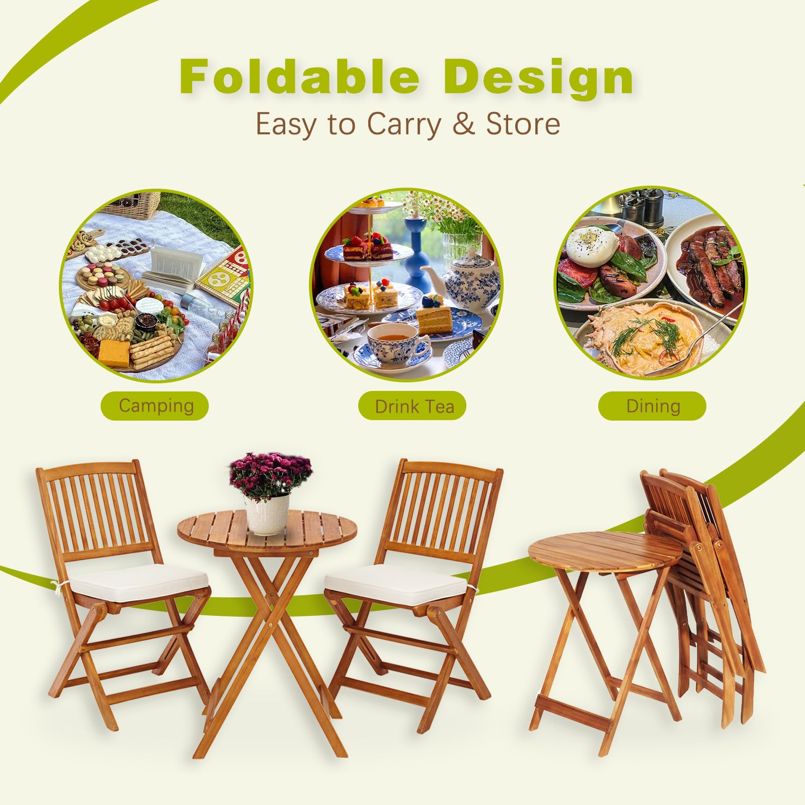 S AFSTAR 3-Piece Acacia Wood Patio Bistro Set with Folding Chairs, Round Coffee Table & Padded Cushions - Outdoor Dining Set for Garden, Balcony, Poolside, Porch & Backyard (Beige) - Perfect for Morning Coffee, Afternoon Tea, and Relaxing Evenings