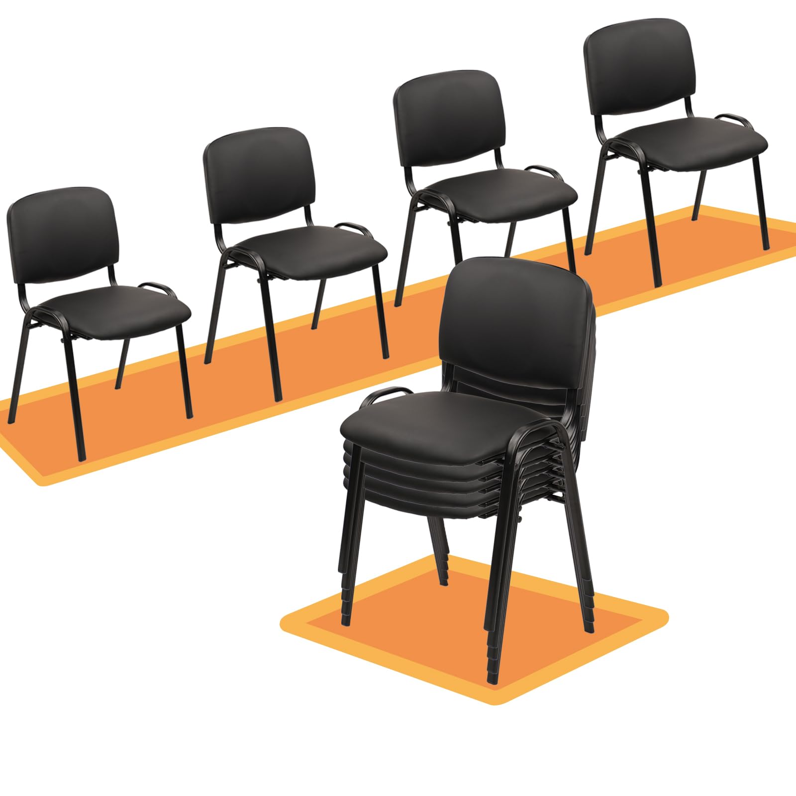 CLATINA Stackable Conference Room Chairs - 10 Pack Black PU Leather Armless Guest Chairs with Metal Frame for Office, Reception, Lobby, Training School & Waiting Areas | No Wheels, Space-Saving Design for Business & Educational Settings