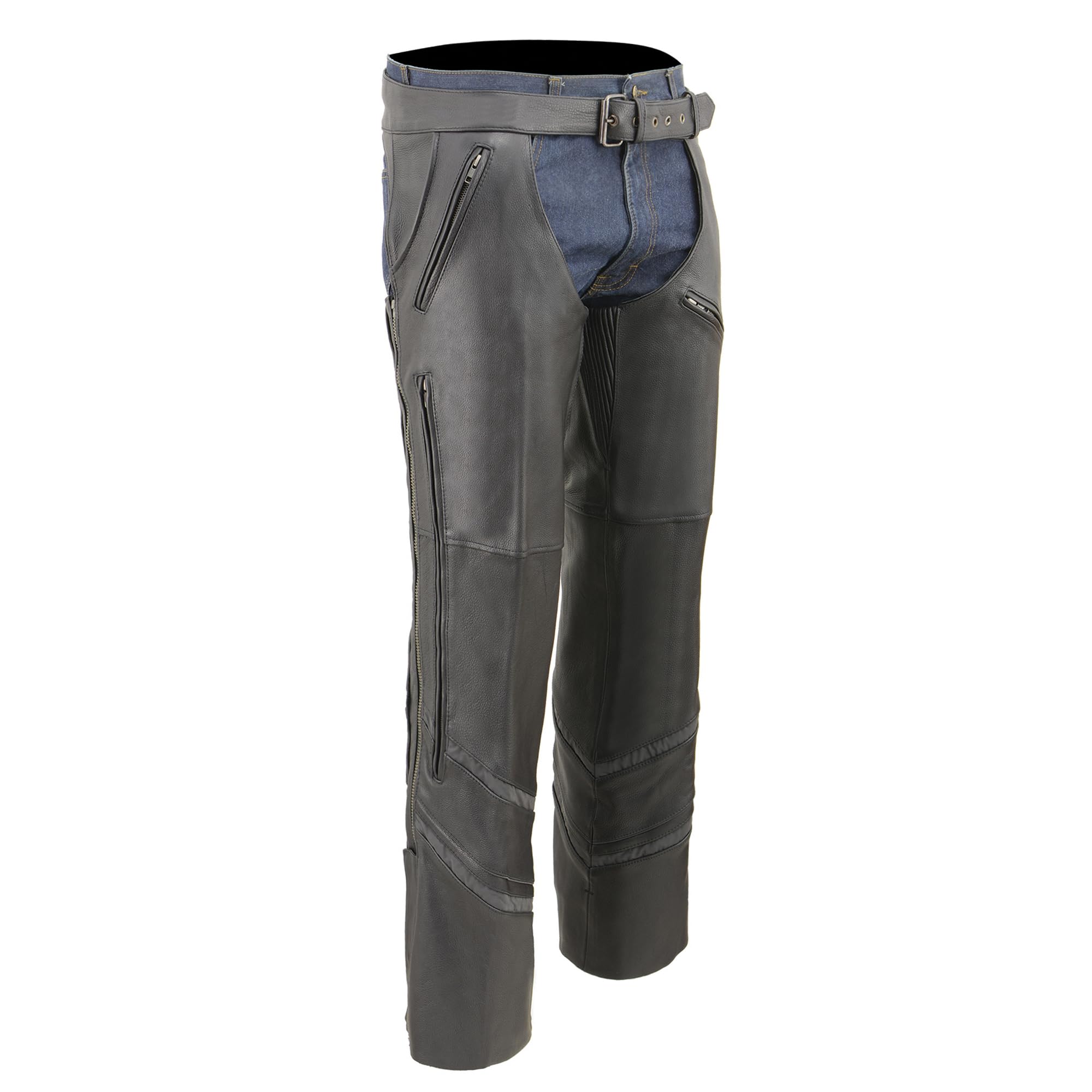 Milwaukee ML1144 Men's Naked Cowhide Vented Leather Chaps with Reflective Piping - Durable Motorcycle Riding Gear for Harley Davidson & Cruiser Bikes
