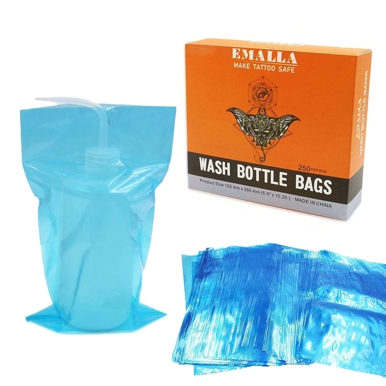 SOTICA 250PCS Tattoo Wash Bottle Covers - Disposable Squeeze Bottle Bags for Tattoo Artists, Tattoo Supplies (Blue) - Perfect for Tattoo Shops, Hygiene Protection & Ink Storage