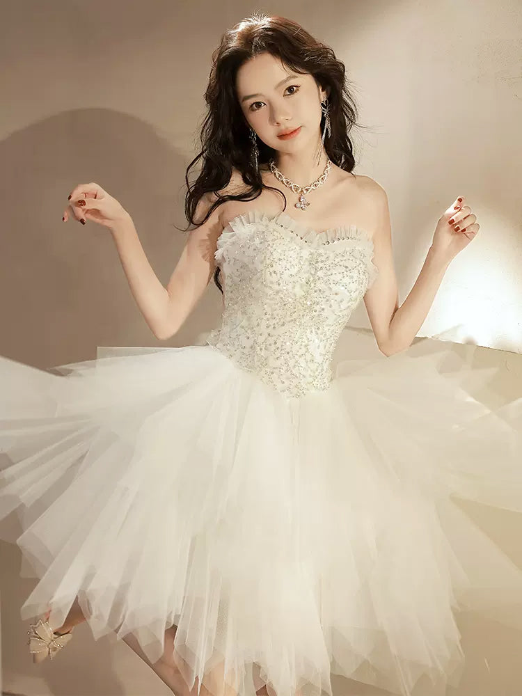 Beige Tulle Sequin Short Prom Dress | Sparkly Homecoming Dress for Teens | Perfect for Prom Night, Homecoming Dance & Special Occasions