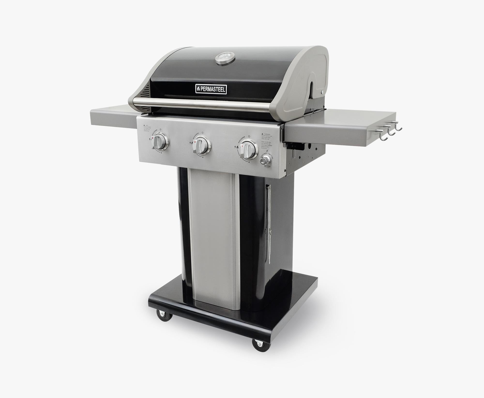 Permasteel 3-Burner Propane Gas Grill - 30,000 BTU Outdoor BBQ Grill with Cast Iron Grates, Foldable Side Shelves & Tool Hooks - Perfect for Backyard, Patio, and Camping Cooking - Black