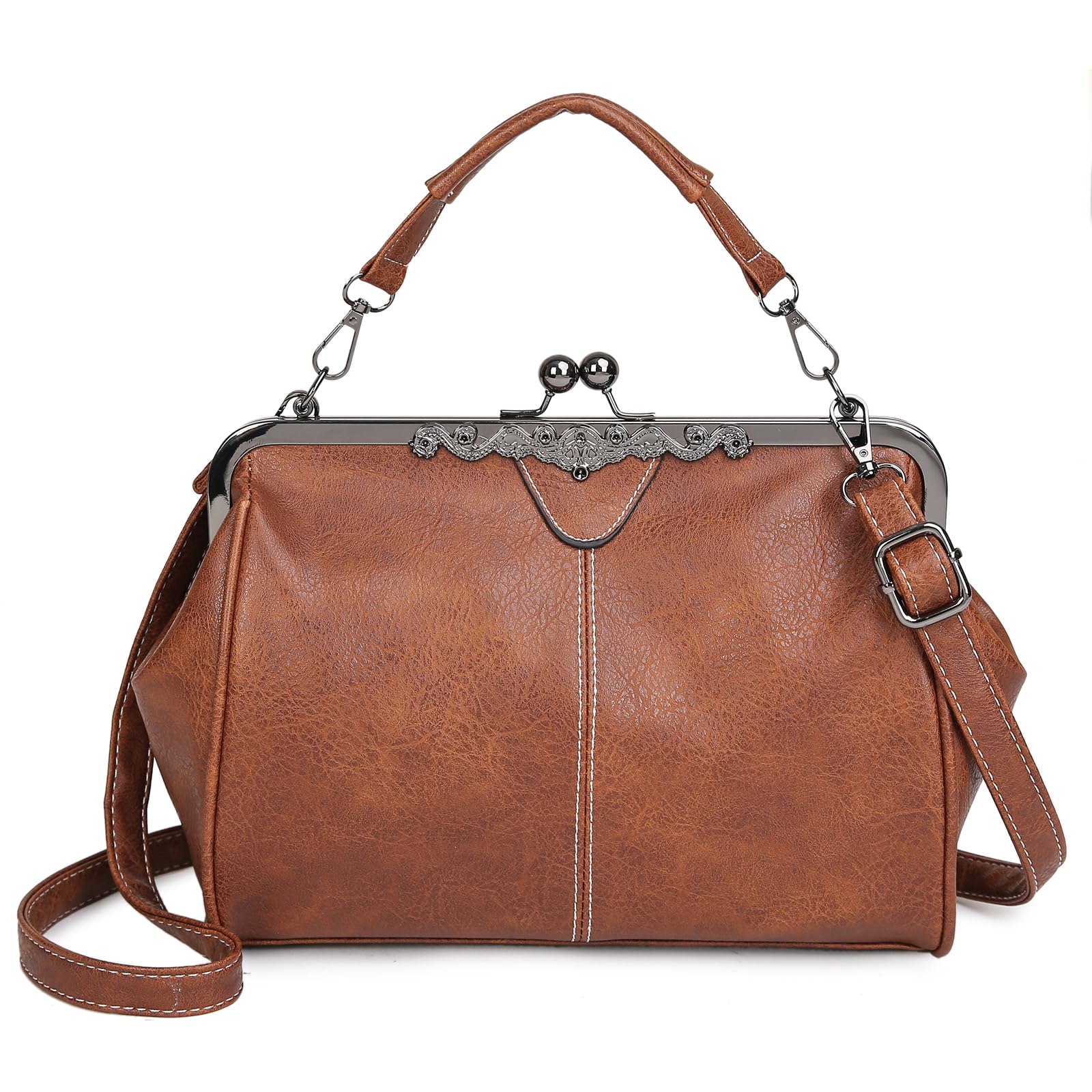 Vintage Women's Kiss Lock Handbag - Oil Leather Evening Clutch Purse & Satchel Tote Bag for Party, Wedding & Formal Events