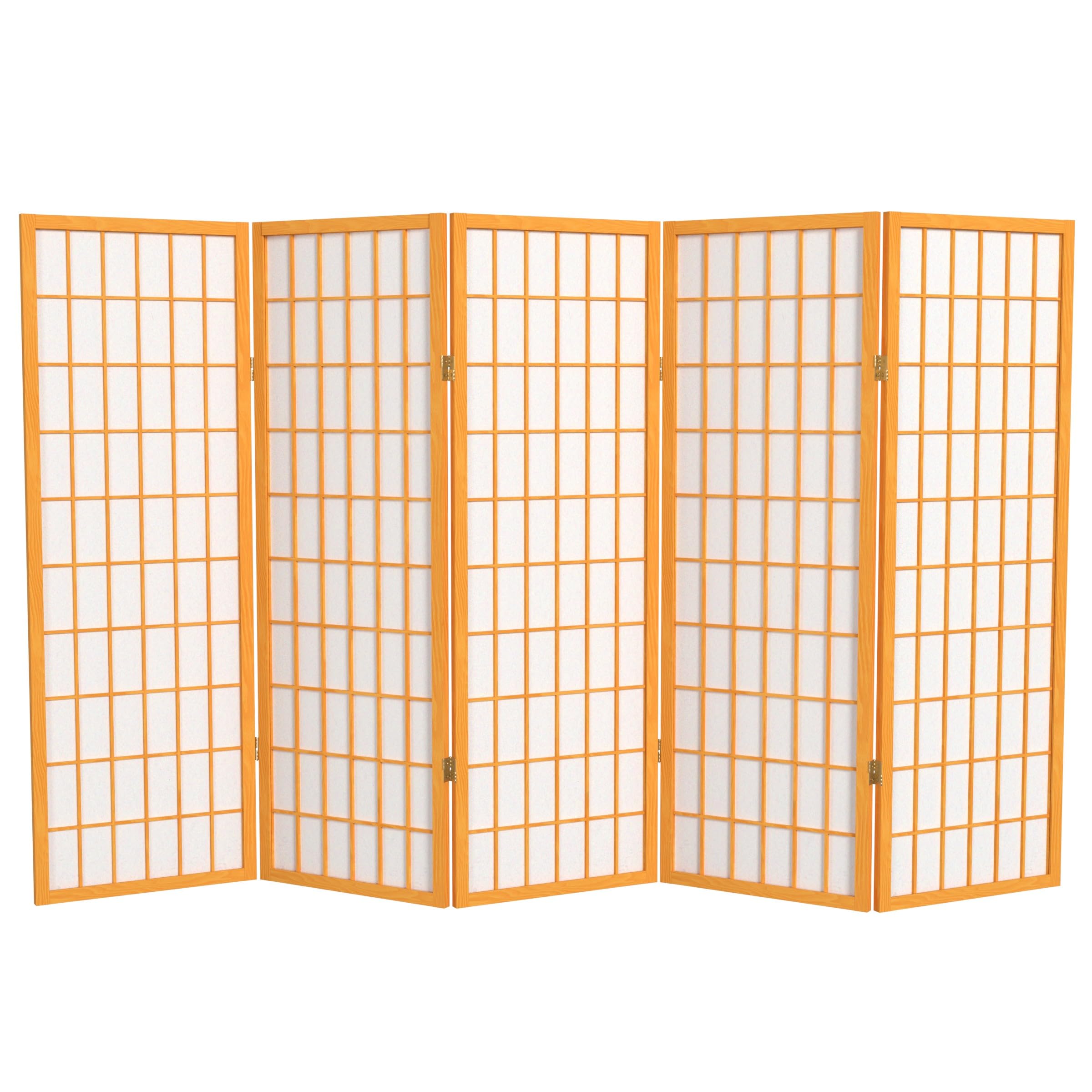 4 ft. Short Honey-Colored Shoji Room Divider Screen - 5-Panel Folding Privacy Partition for Home, Office & Meditation Spaces - Traditional Japanese Style Window Pane Design