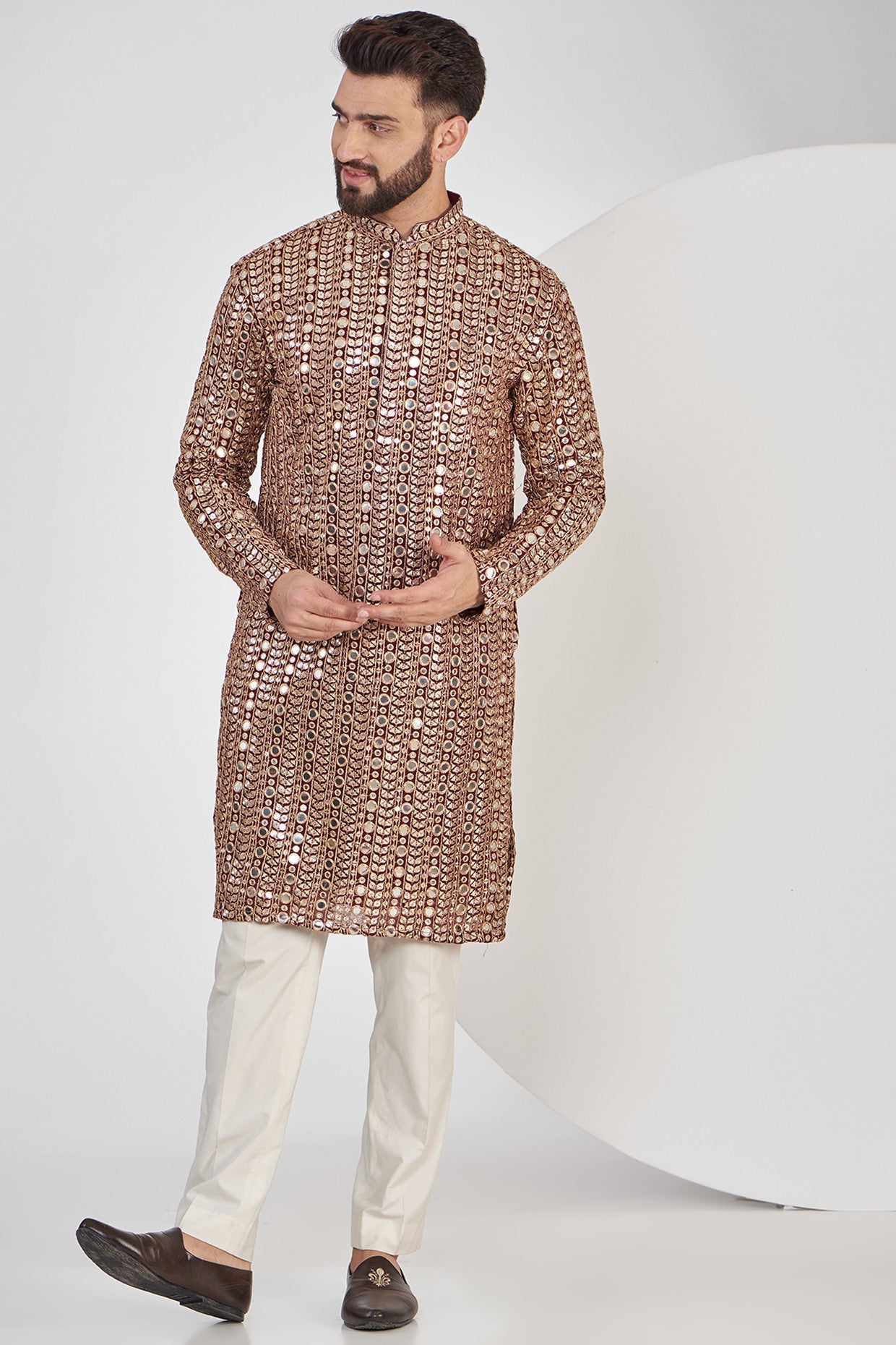 Elegant Maroon Mirrorwork Kurta with Golden Zari Embroidery - Perfect for Festivals, Weddings & Ethnic Parties