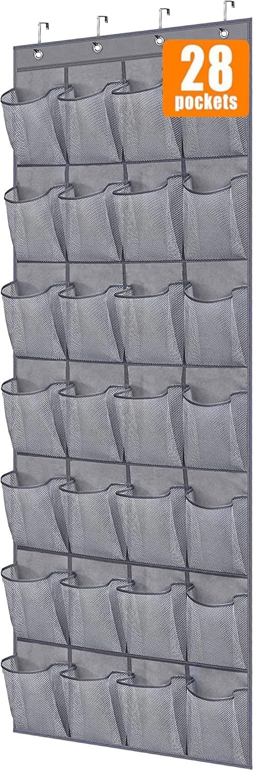 MISSLO 28-Pocket Over The Door Hanging Shoe Organizer - Space Saving Mesh Shoe Storage for Closet, Bedroom & Entryway - Grey (Perfect for Small Spaces, Dorm Rooms & Apartment Organization)