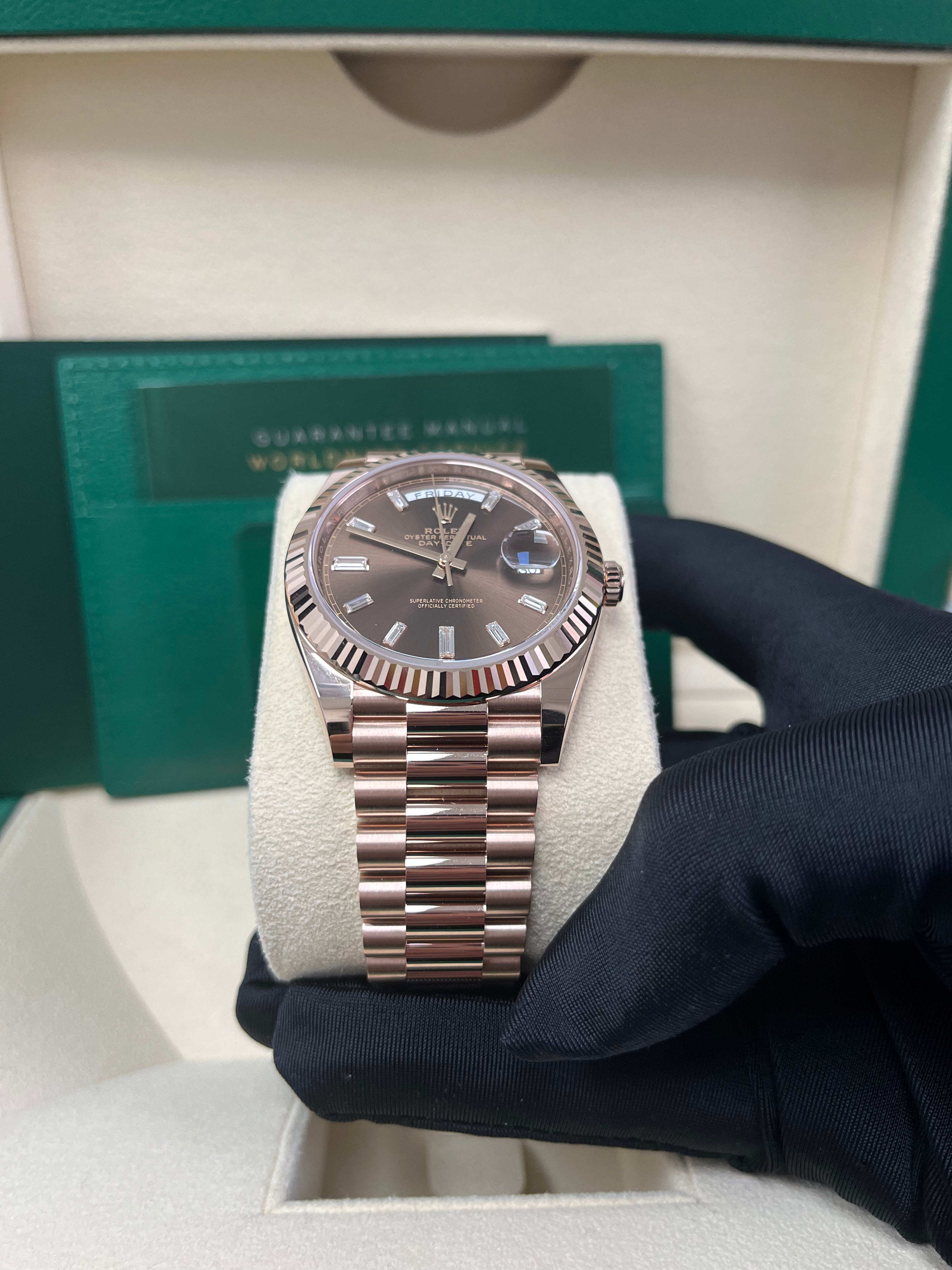 Rolex Day-Date 40 Rose Gold Men's Watch with Fluted Bezel & Chocolate Baguette Diamond Dial - Model 228235 | Luxury Dress Watch for Business & Formal Occasions