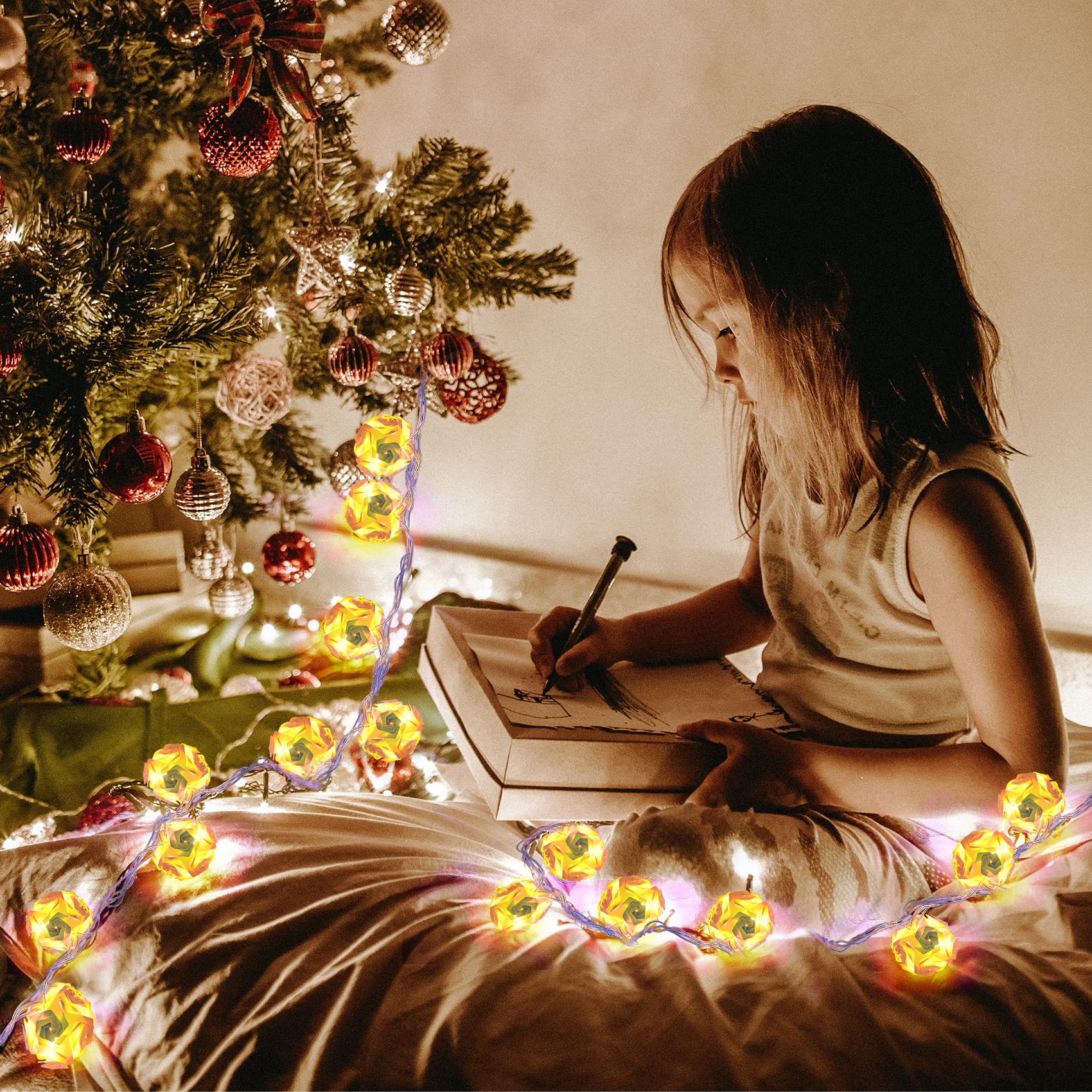 16ft 20 LED 3D Rose Ball Globe String Lights - Warm White Outdoor Christmas Decorations for Patio, Wedding, Garden & Party | Waterproof & Extendable Fairy Lights for Holiday & Home Decor