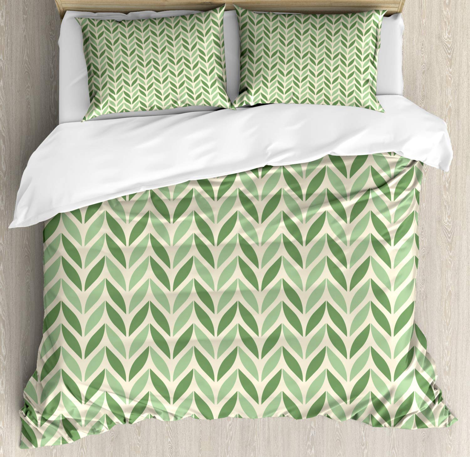 Ambesonne Retro Duvet Cover Set - Vibrant Diagonal Symmetric Green Spring Leaves Design, Queen Size 2-Pack with 2 Duvet Covers & 4 Pillowcases | Nature-Inspired Bedding for Spring Gardening Theme | Perfect for Guest Rooms, Master Bedrooms & Cozy Home Decor