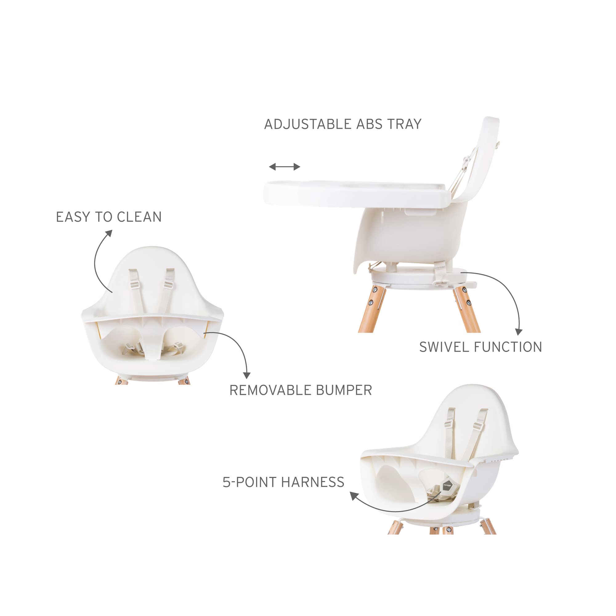 Childhome Evolu One.80° High Chair - 2 in 1 Baby High Chair with 180° Swivel, Adjustable Height & Portable Design | Modern Sleek High Chair with Beechwood Legs in White | Perfect for Dining, Feeding & Playtime