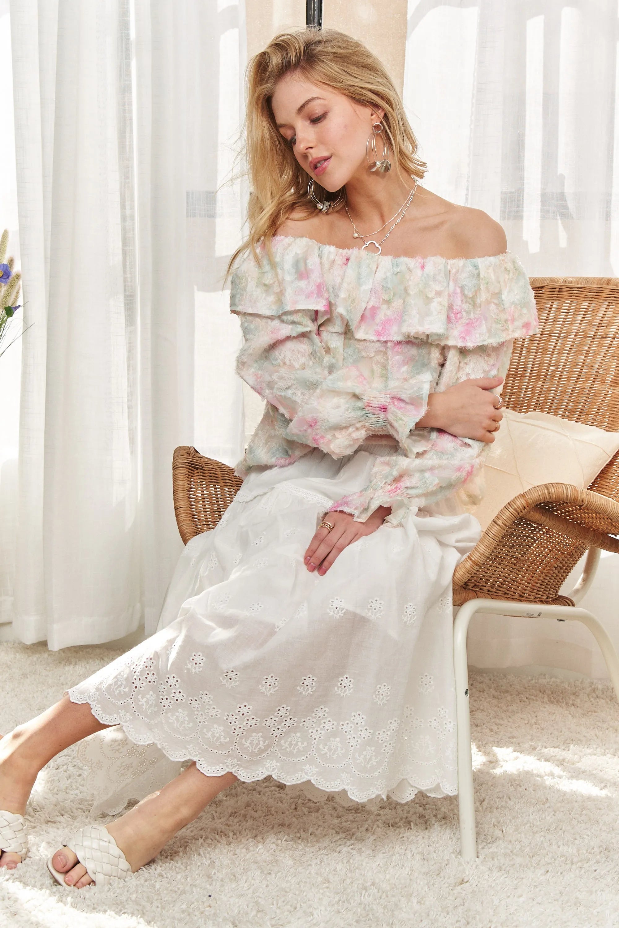 Elegant Ruffled Off Shoulder Floral Blouse for Women - Summer Boho Chic Top - Perfect for Date Night, Beach Vacation & Outdoor Parties