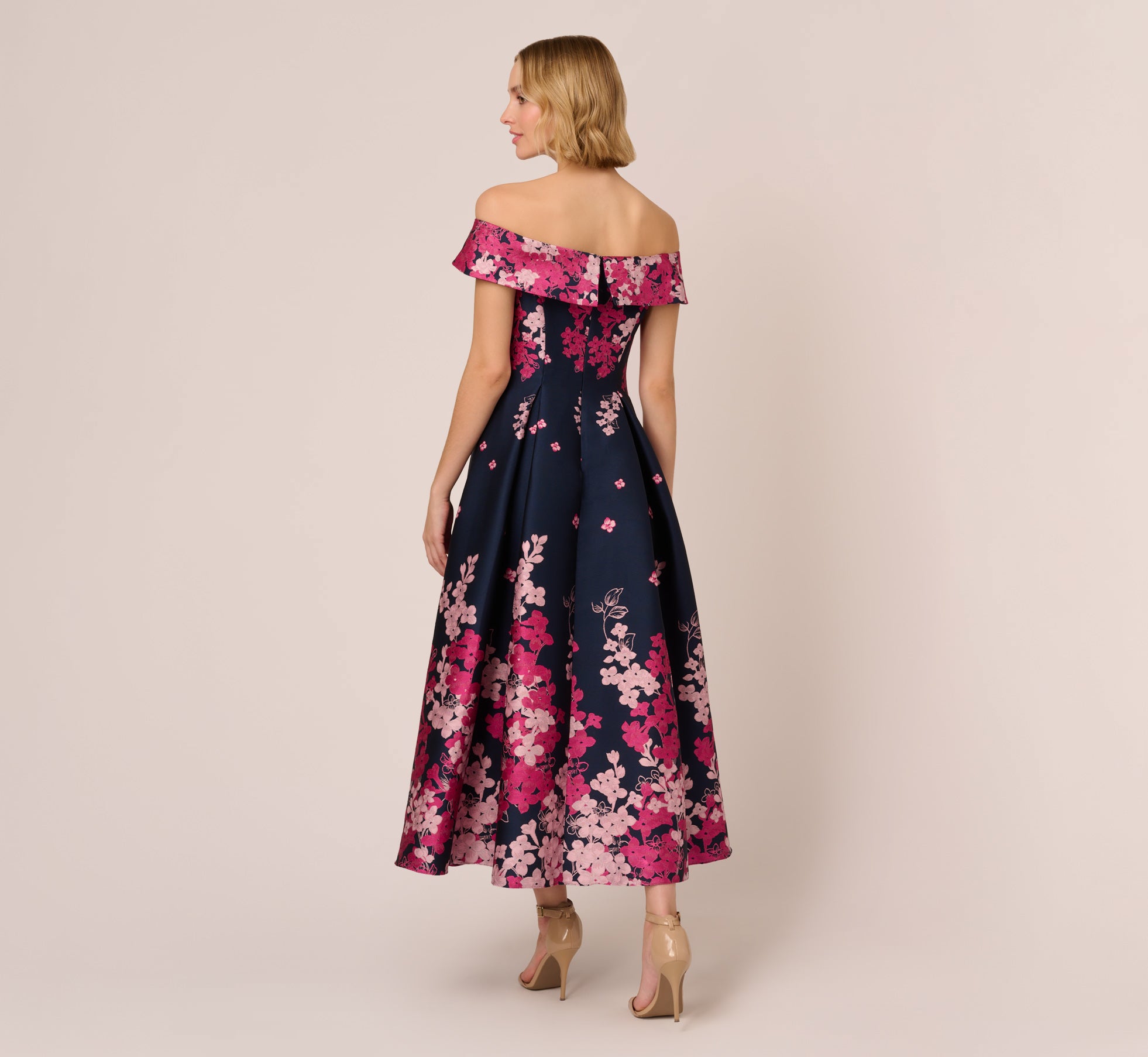Floral Jacquard Ankle Length Dress with Off-Shoulder Neckline in Navy Pink Multi - Perfect for Summer Weddings, Garden Parties & Date Nights