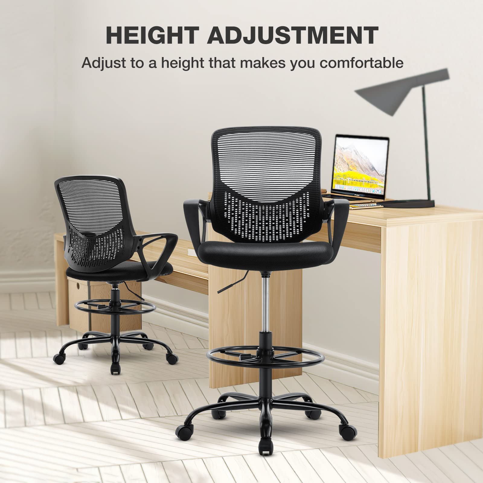 Ergonomic Adjustable Height Mesh Office Chair with Armrests & Foot Ring - Tall Standing Drafting Chair for Computer Work, Home Office & Studio - Black