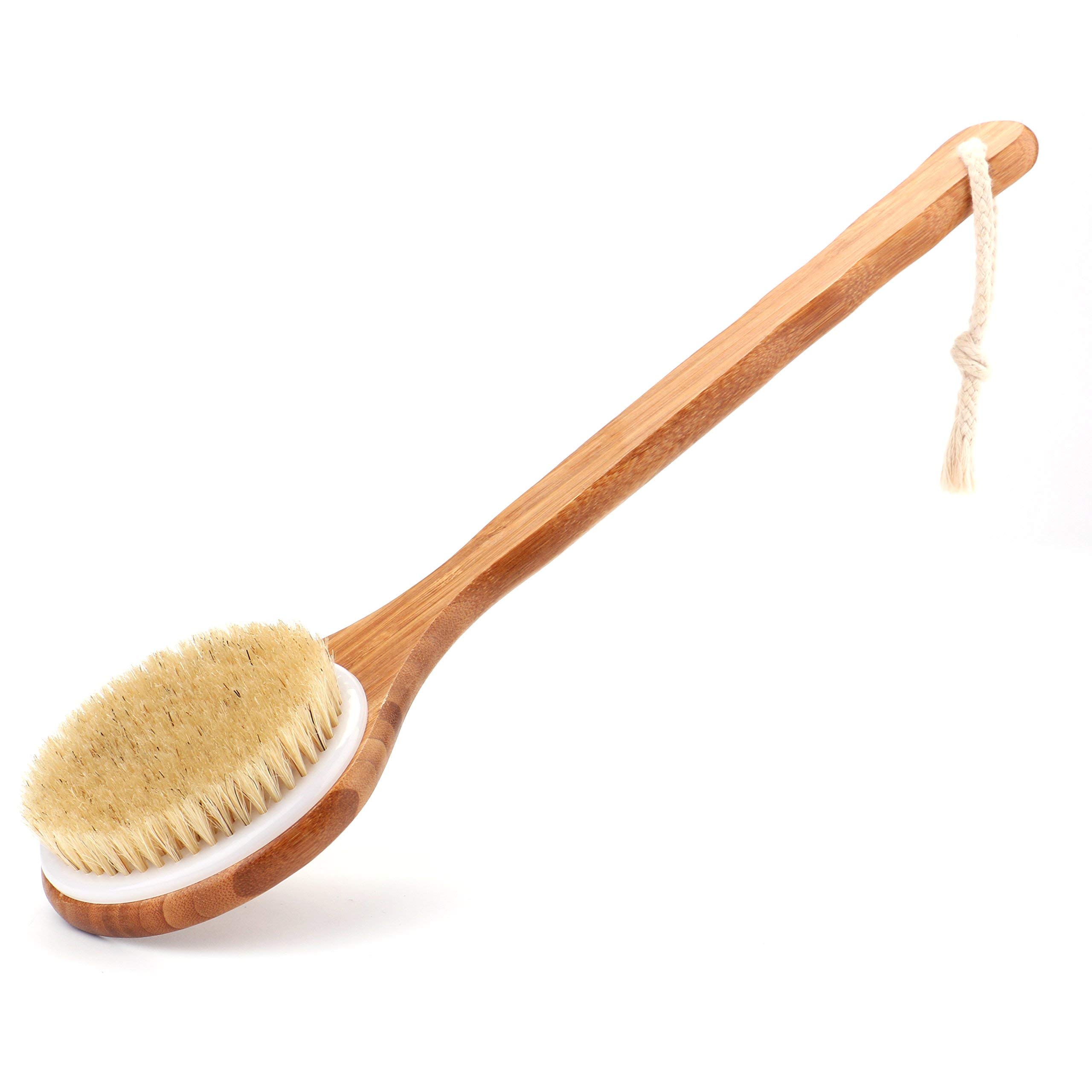 2PCS Natural Boar Bristle Bath Brush with Wooden Handle - Exfoliating & Massaging Shower Brush for Dry Skin, Back Scrubbing & Spa Relaxation at Home
