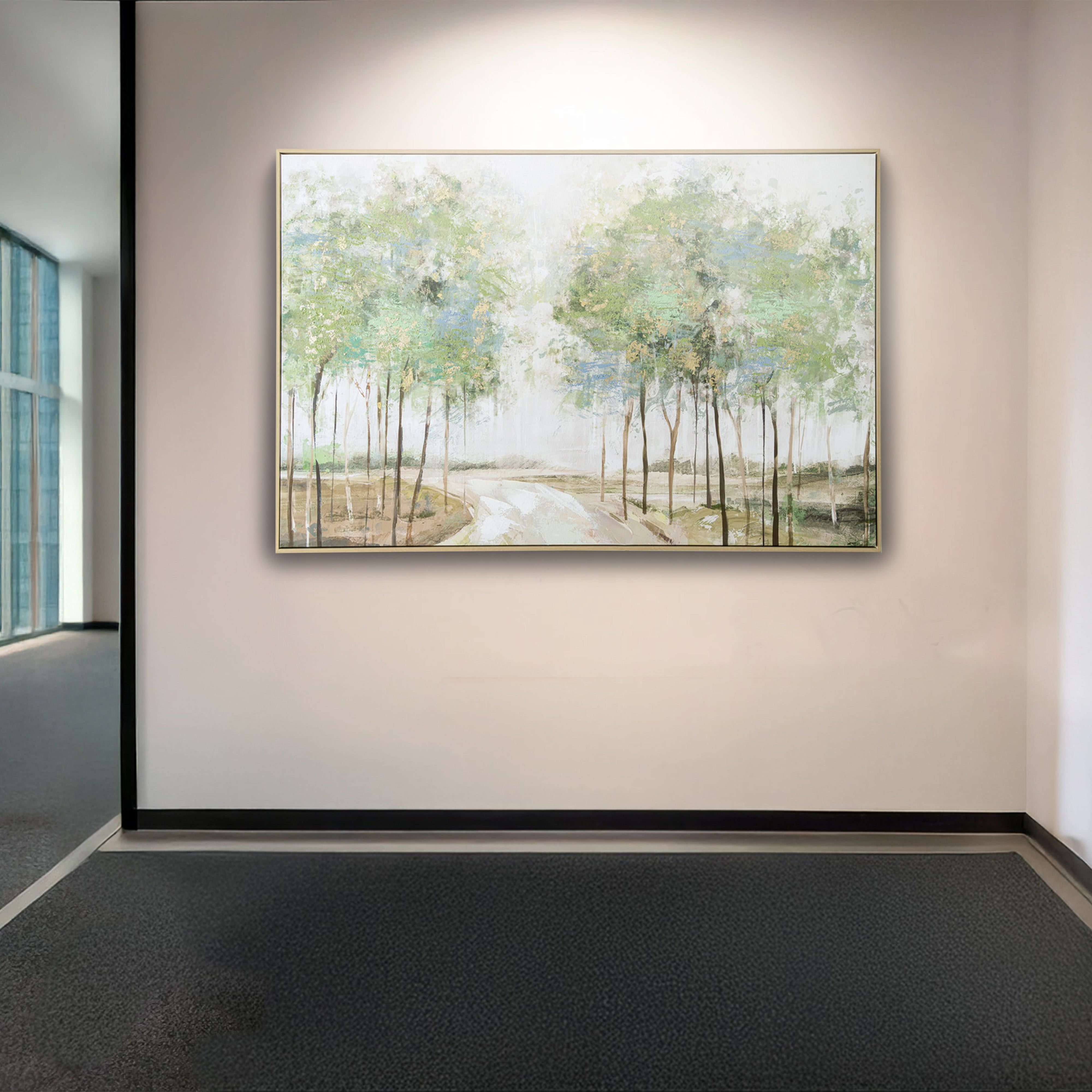 Urban Style Brushmarks Embellished Canvas Forrest Path Wall Art - Hand Painted Landscape Painting for Living Room, Bedroom & Office Decor