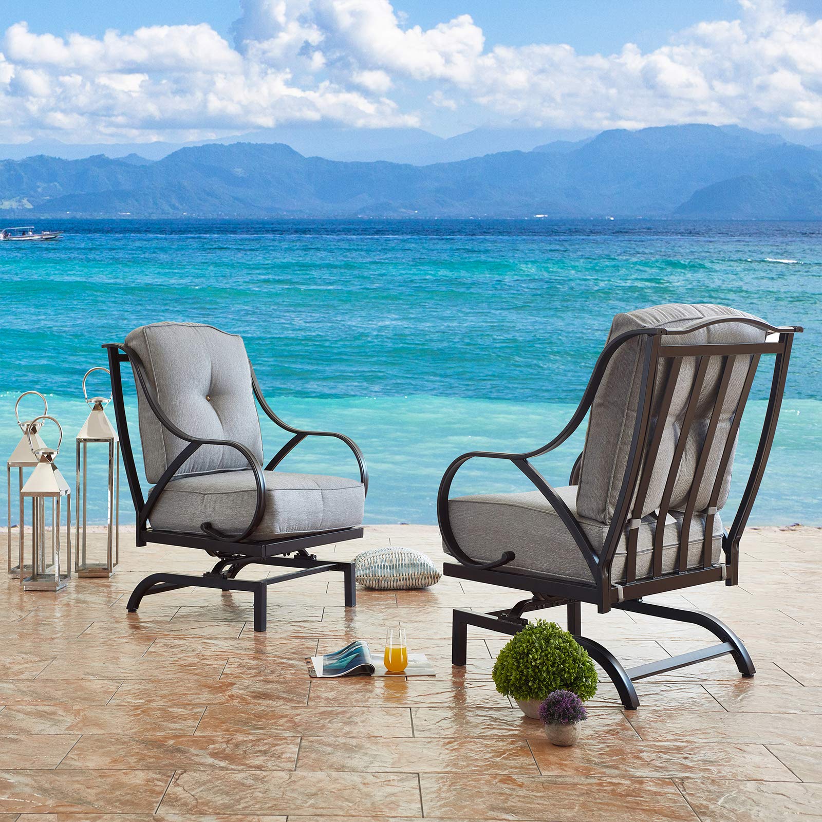 Festival Depot 2-Piece Metal Patio Chair Set with Thick Cushions - Outdoor Bistro Furniture for Deck, Garden & Backyard (Grey) - Perfect for Relaxing, Entertaining & Outdoor Dining