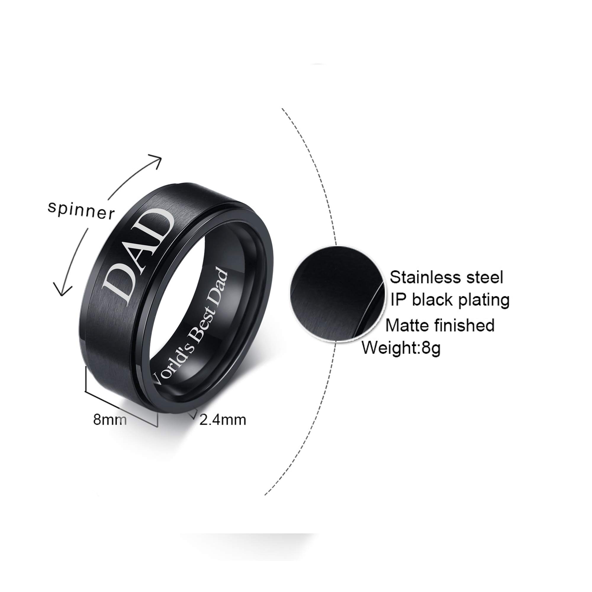 VNOX 8mm Stainless Steel Engraved 'World's Best Dad' Matte Brushed Anxiety Spinner Ring - Fidget Band Ring for Men, Stress Relief Gift for Father's Day, Birthday, Husband | Perfect for Office, Travel & Daily Wear