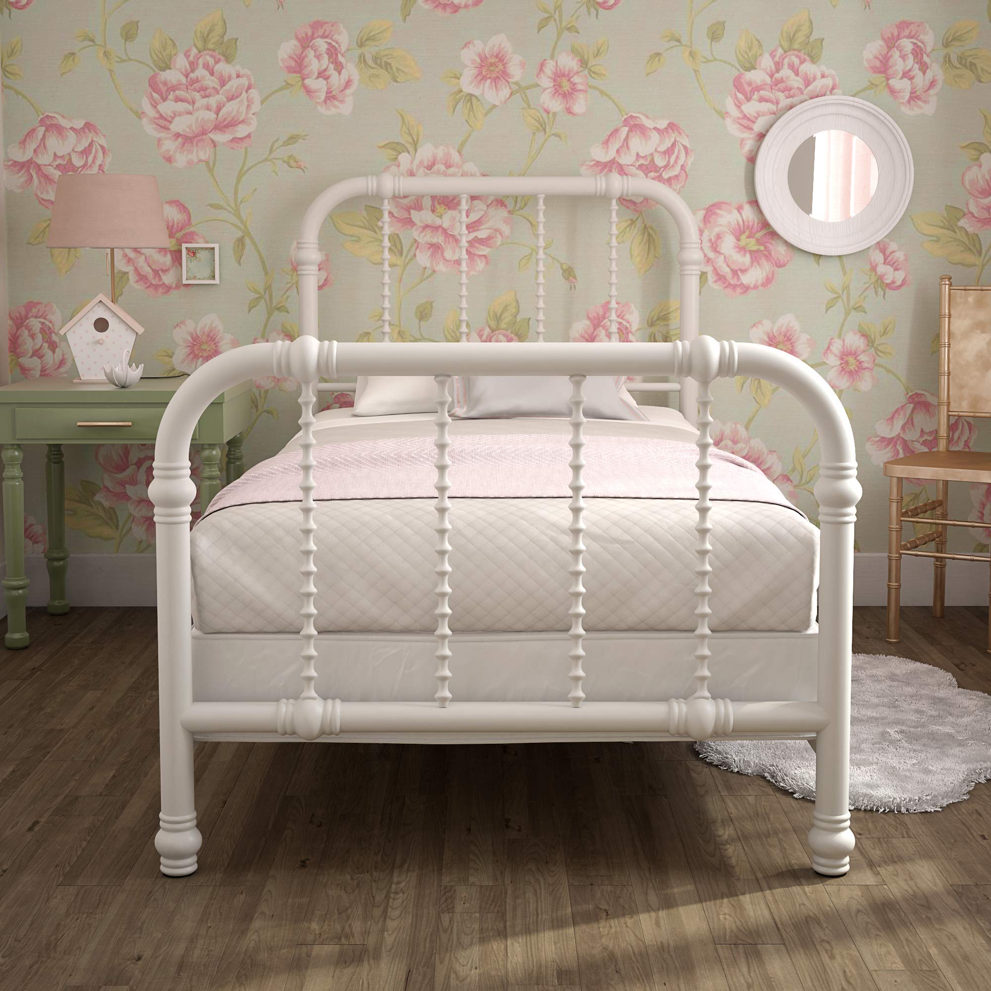 DHP Jenny Lind Twin Size Kids Metal Bed Frame with Country Chic Headboard & Footboard - White | Underbed Storage Space for Toys | Perfect for Children's Bedroom, Nursery or Guest Room