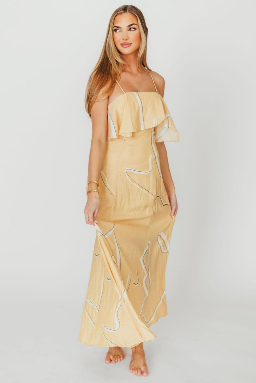 Lark Ruffle Detail Maxi Dress in Mango - Flowy Summer Beach Dress for Women, Boho Chic Midi Dress with Ruffles, Perfect for Vacations, Weddings & Date Nights