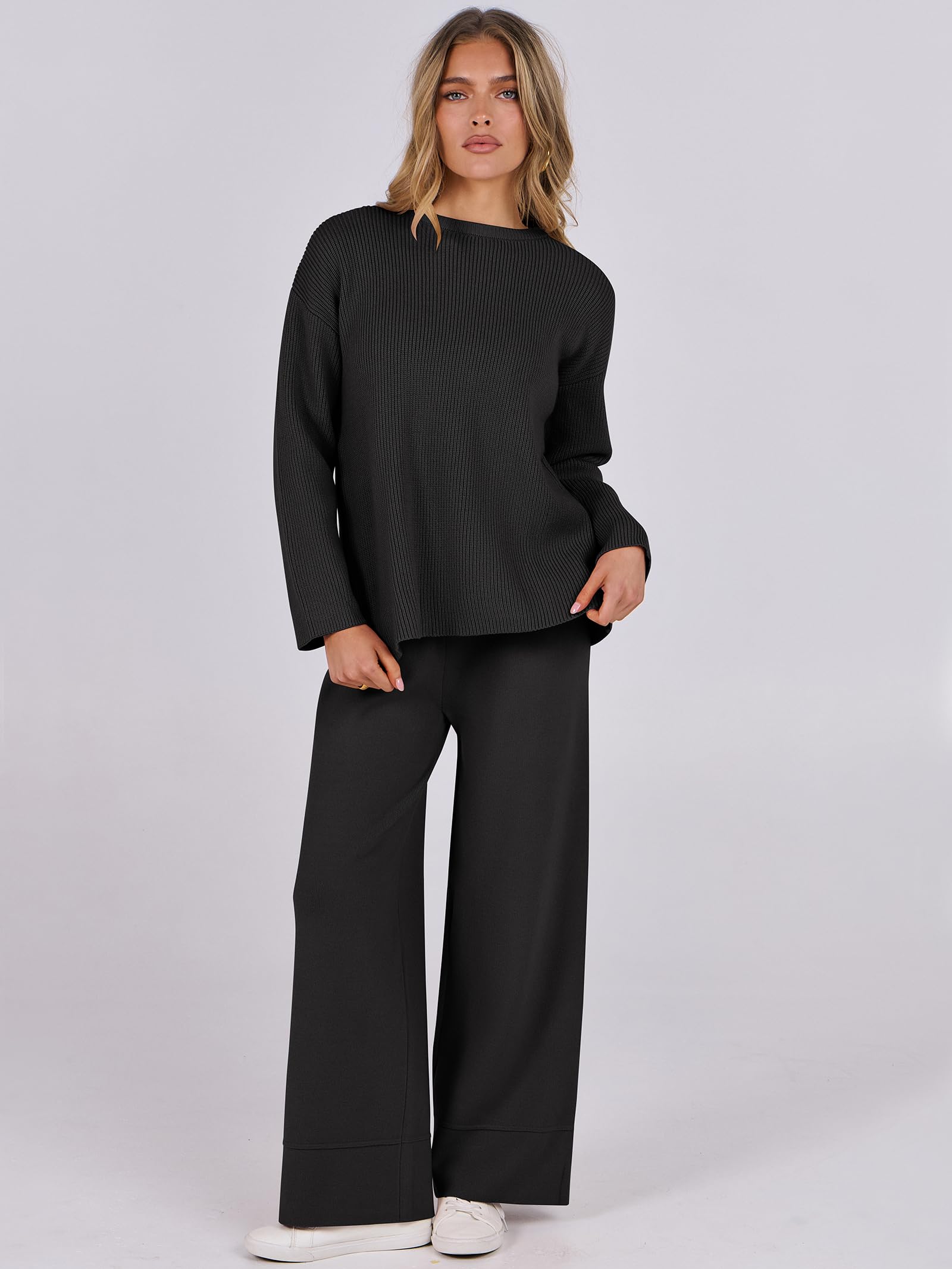 ANRABESS Women's Casual Two Piece Sweater Lounge Set - Cozy Pullover & Wide Leg Pants Matching Outfit for Fall 2024 | Loose Comfort Wear for Home, Office & Weekend Relaxation