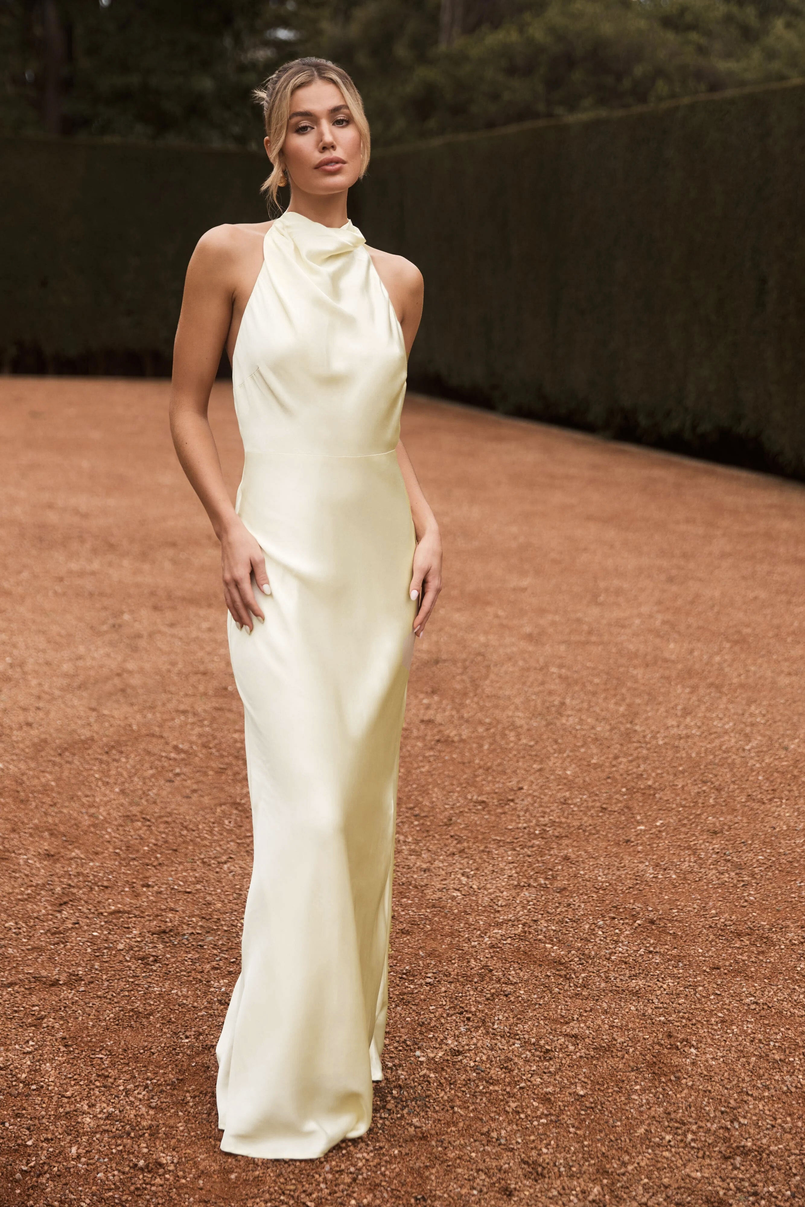 Esther Iridescent Satin Cowl Maxi Dress - Elegant Lemon Sorbet Color for Women | Perfect for Weddings, Parties & Special Occasions