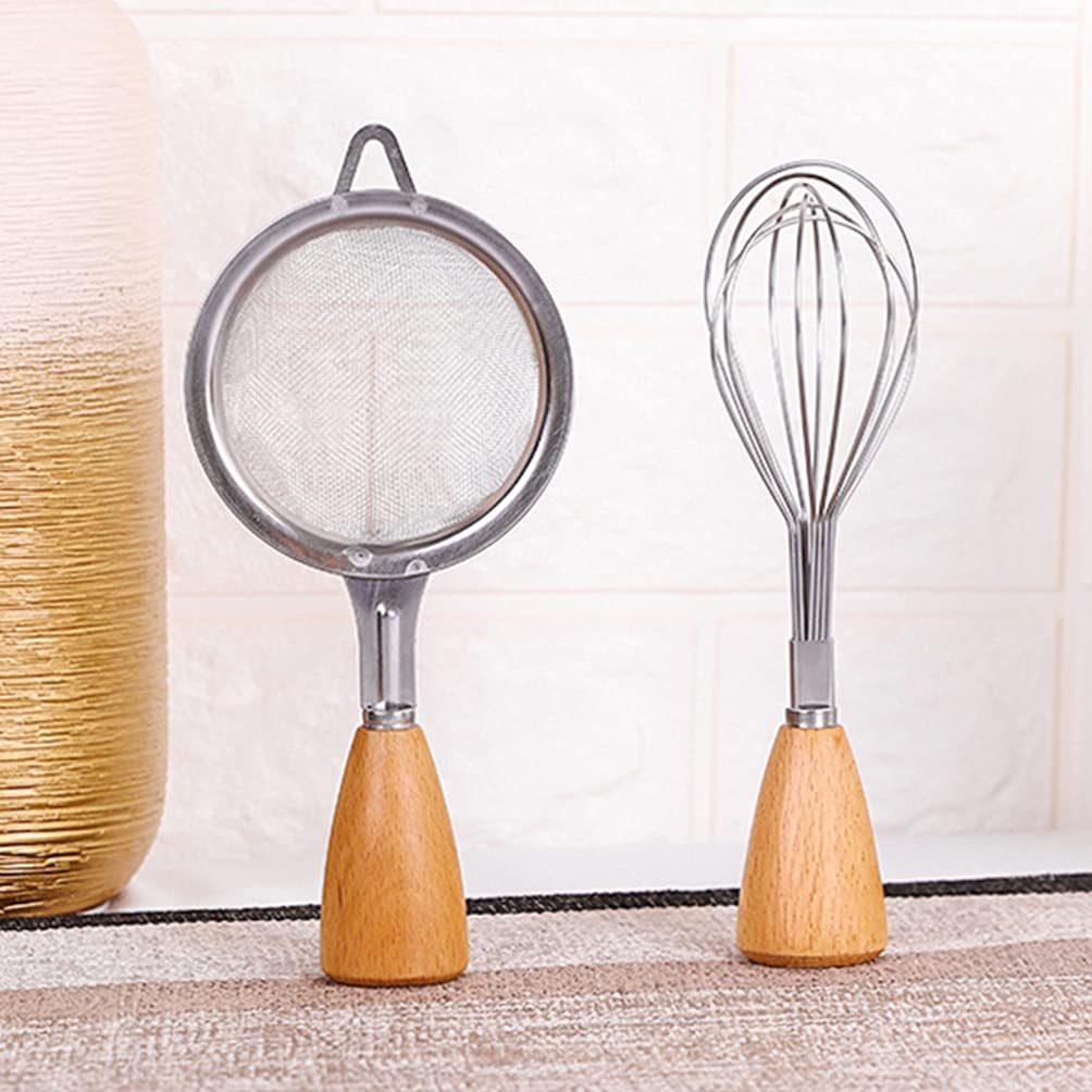Manual Egg Cap Opener, Small Wire Whisk & Wooden Powdered Sugar Sieve - Essential Kitchen Hand Tools for Baking, Cooking & Housewarming Gifts