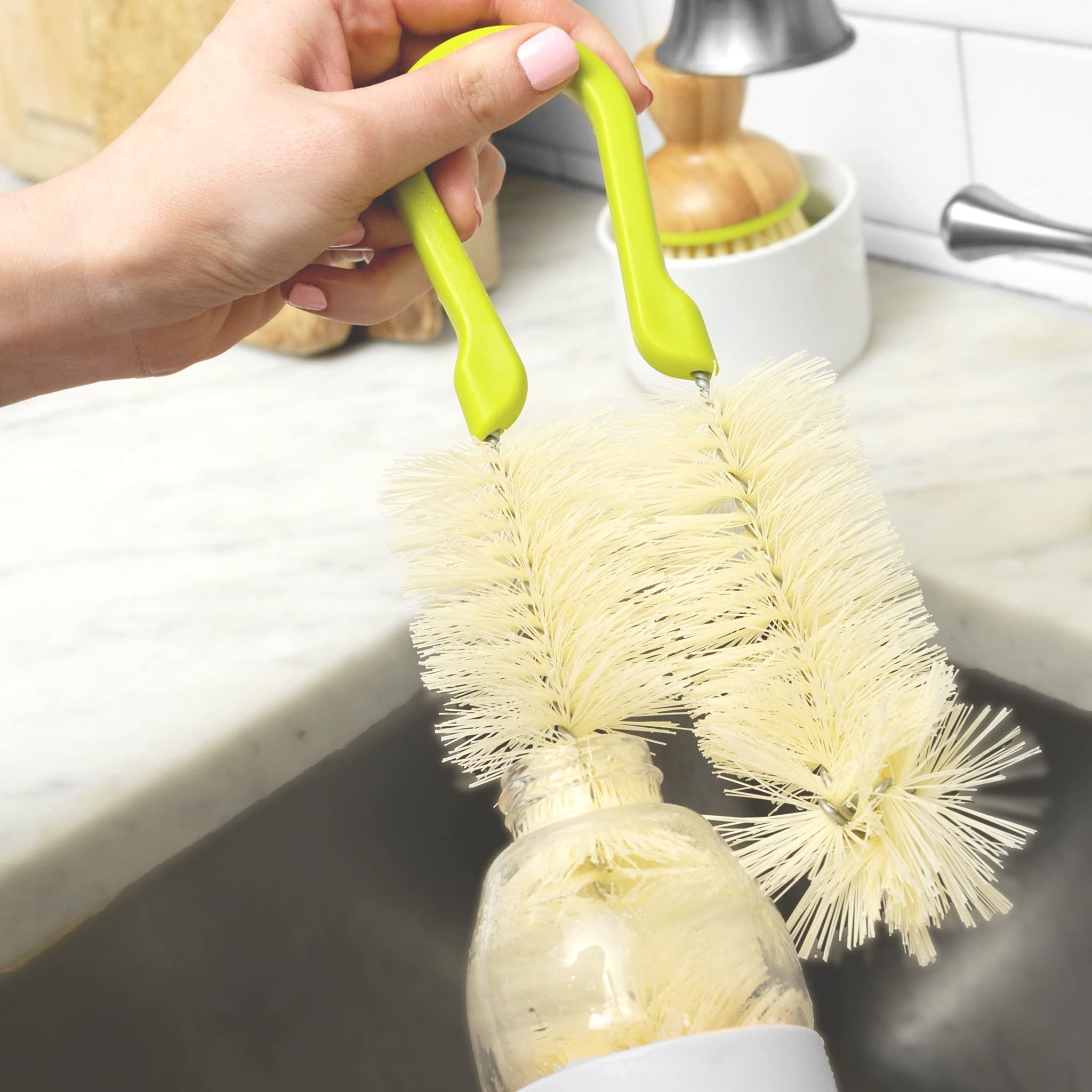 Full Circle Reach Double-Sided Bottle Cleaning Brush - Green | Long Handle Dishwasher Safe Scrubber for Baby Bottles, Water Bottles, Vases & Hard-to-Reach Containers | Kitchen & Home Cleaning Essential
