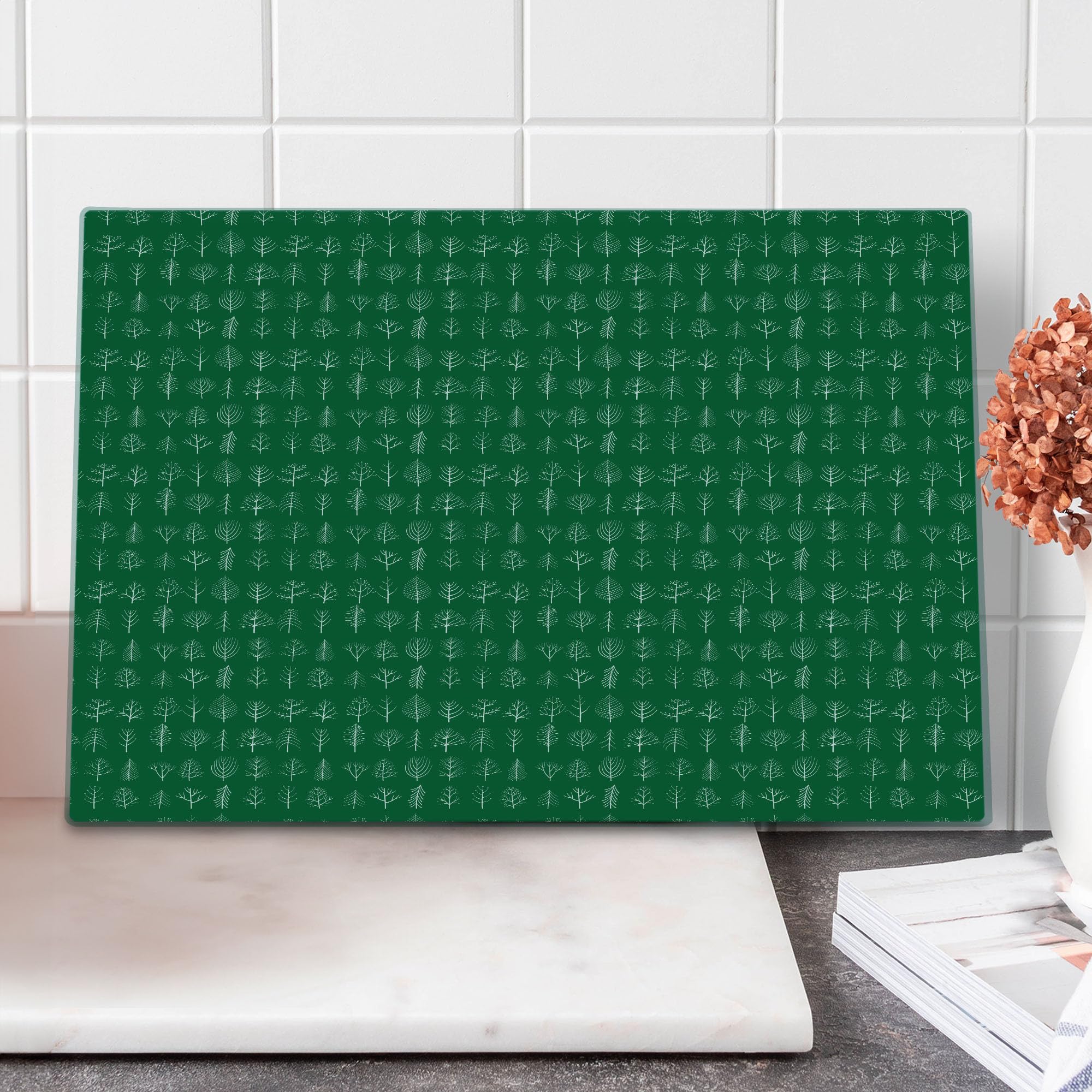 Ambesonne Forest Themed Tempered Glass Cutting Board - Doodle Tree & Leaf Herbs Pattern - Nature Inspired Birch, Ash, Maple, Aspen, Larch, Oak, Poplar Design - Large Decorative Serving Board in Green & White - Perfect for Kitchen Prep, Charcuterie Display & Holiday Entertaining