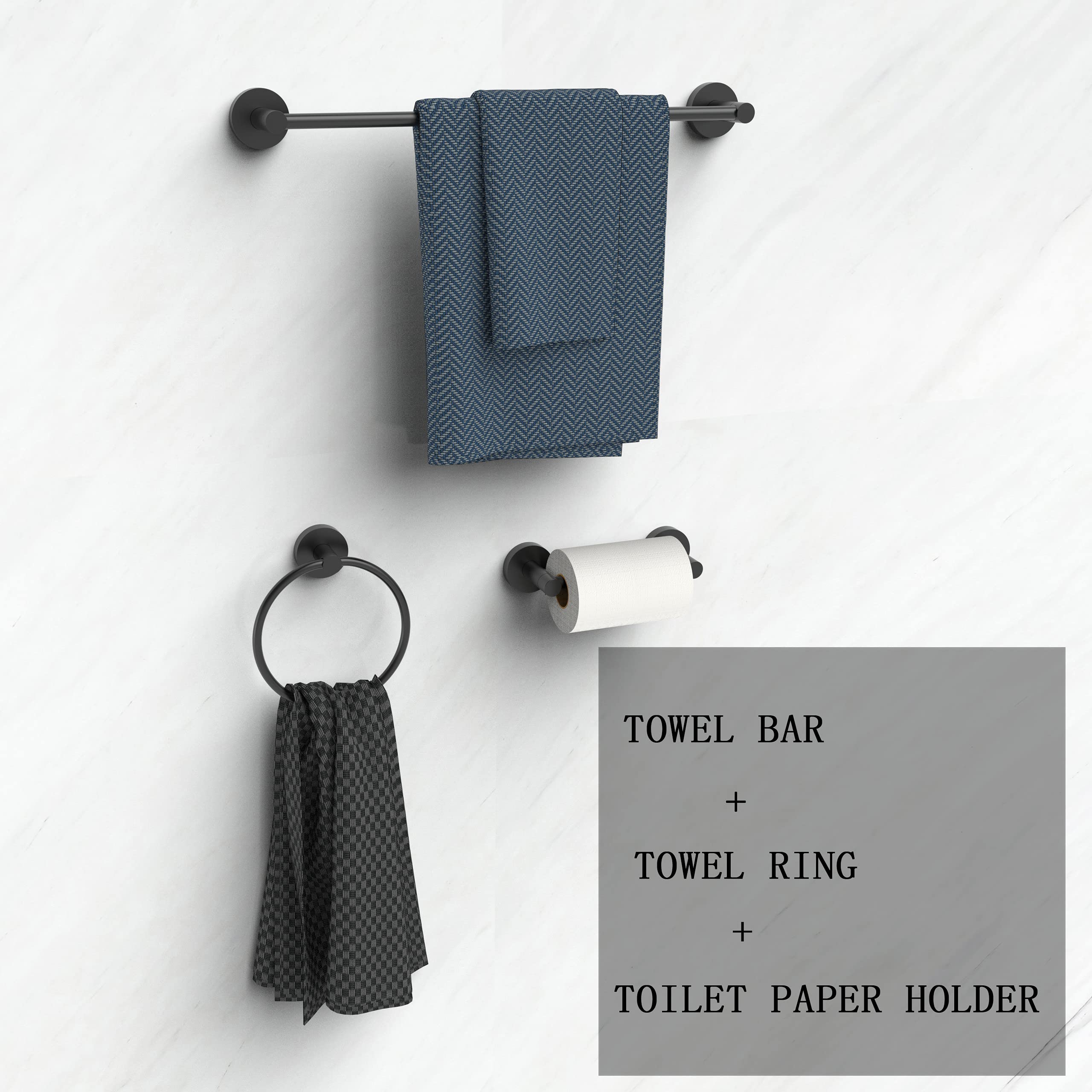 Fixsen 3-Piece Matte Black Bathroom Hardware Set - Toilet Paper Holder, 18-Inch Towel Bar & Towel Ring - Stainless Steel & Zinc Alloy Wall Mounted - Perfect for Modern Bathrooms, Powder Rooms & Guest Baths