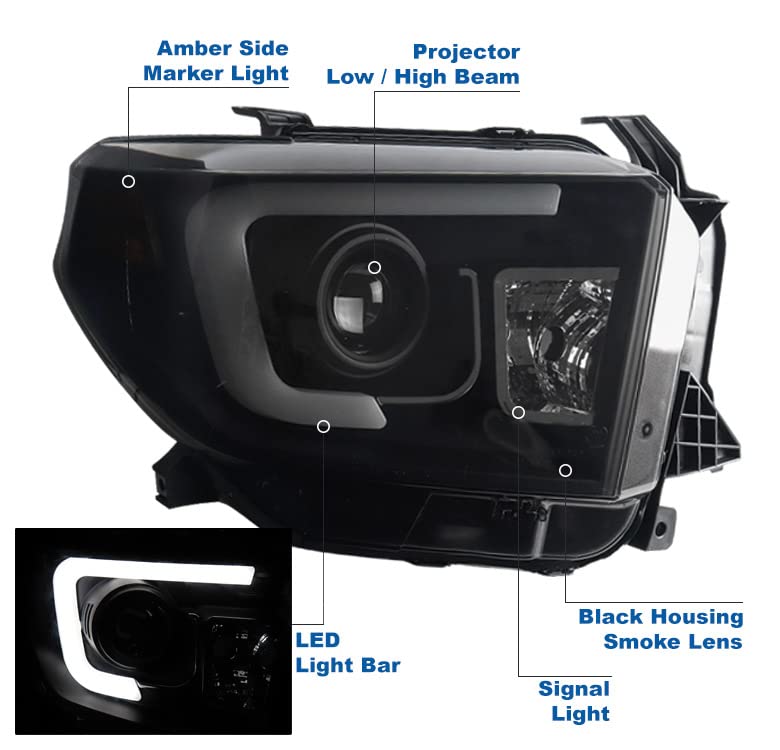 2014-2019 Toyota Tundra LED Projector Headlights - Black/Smoke Tube Style for Enhanced Night Visibility | Perfect for Off-Roading & Night Driving