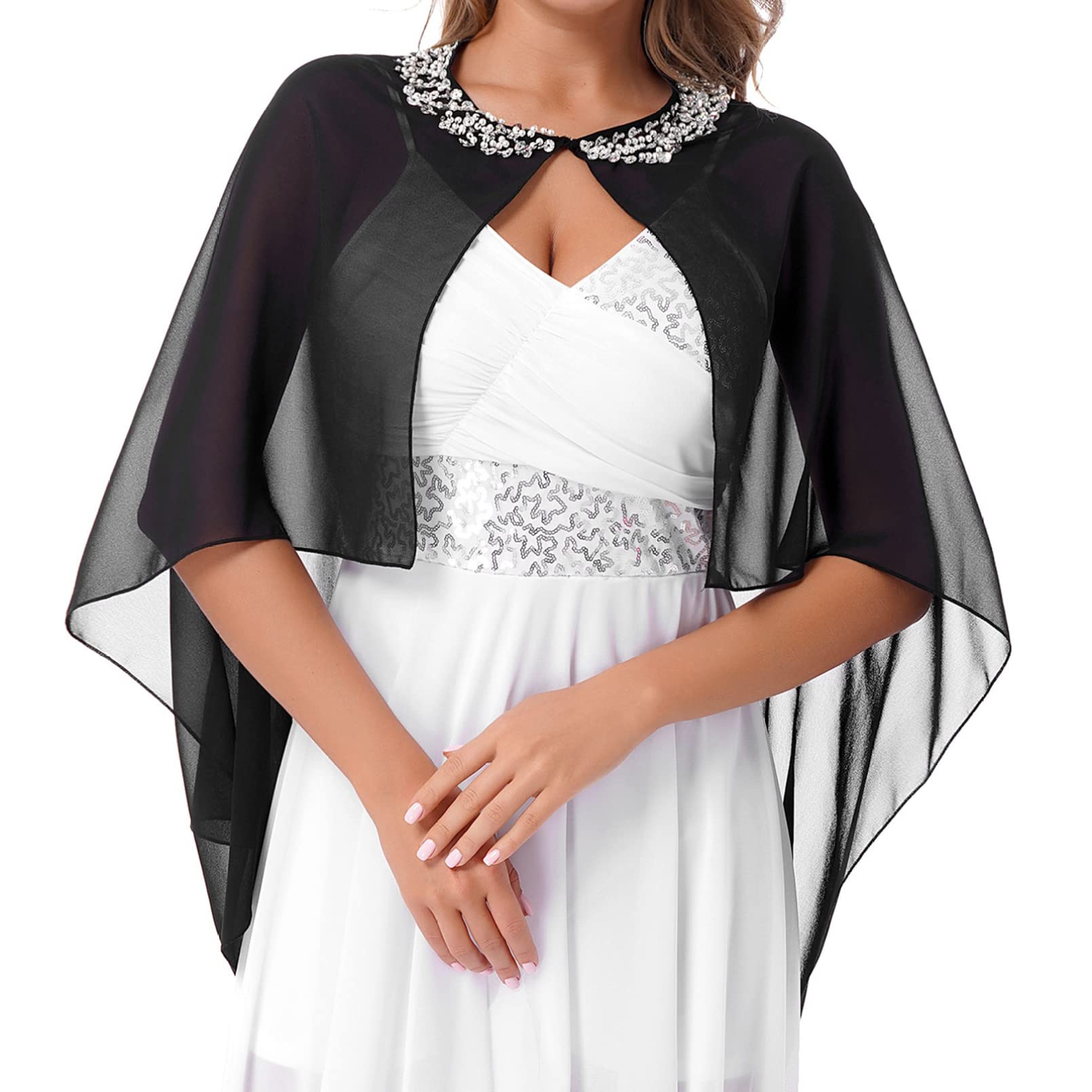 Elegant Chiffon Bridesmaid Cape with Sequins - Women's Shawl Wrap for Weddings, Evening Dresses & Formal Events - Perfect for Bridal Parties, Prom Nights & Special Occasions