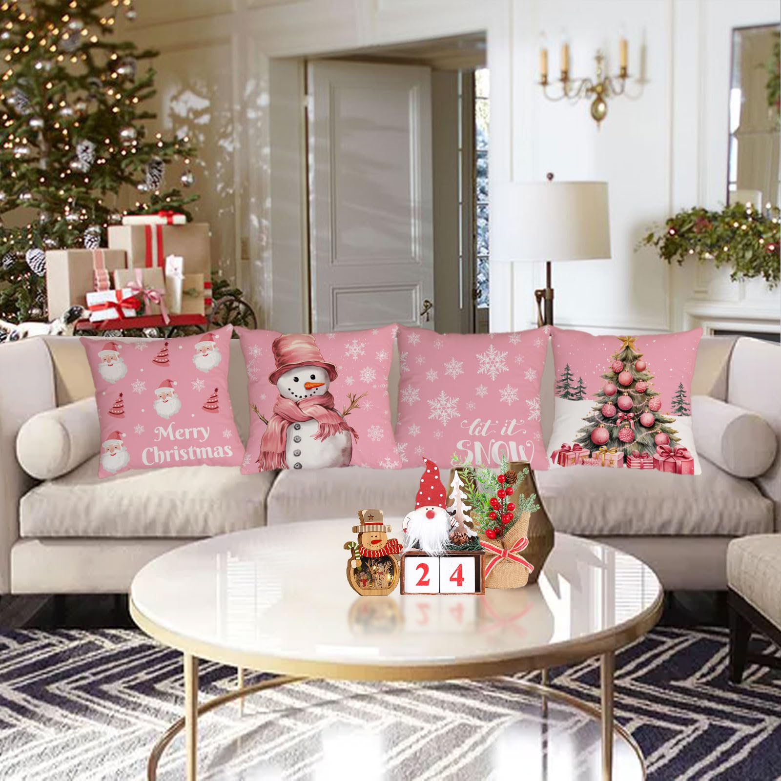 Festive Christmas Pillow Covers Set of 4 - 22x22 Inch Velvet Holiday Throw Pillowcases with Christmas Tree & Snowman Designs in Pink - Perfect for Sofa, Couch, Bed & Outdoor Decor During Winter Holidays
