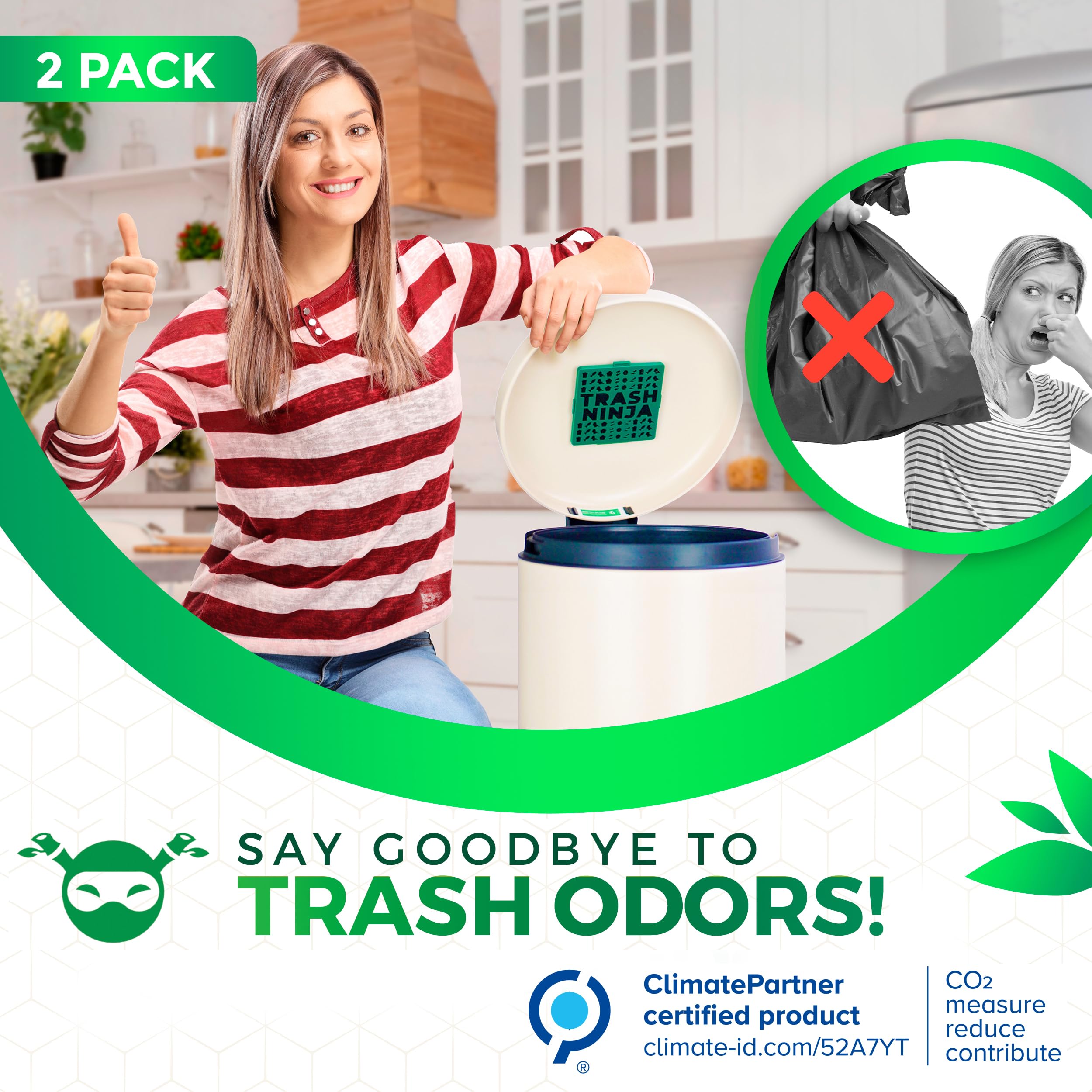 Trash Ninja Activated Carbon Odor Eliminator (2 Pack) – Natural Garbage Can Deodorizer for 10 Gallon Indoor Trash Bins – Lasts 3 Months – Eliminates Kitchen, Bathroom & Pet Waste Odors