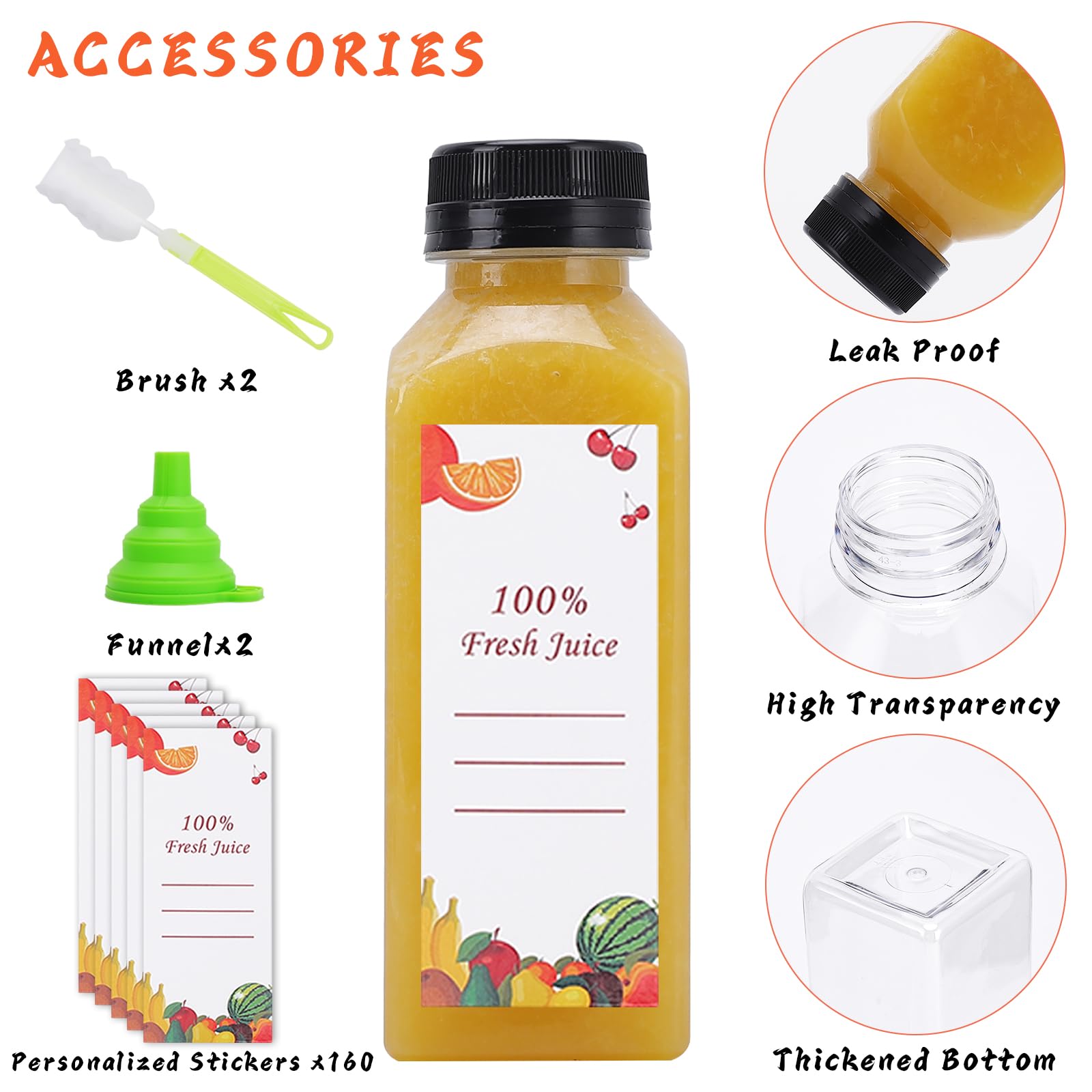 150 Pack 12 oz Clear Plastic Juice Bottles with Caps - Reusable Empty Water Bottles for Drinking, Juicing, Smoothies - Includes 2 Brushes, 2 Funnels & 160 Stickers - Perfect for Home, Parties, Restaurants & Meal Prep