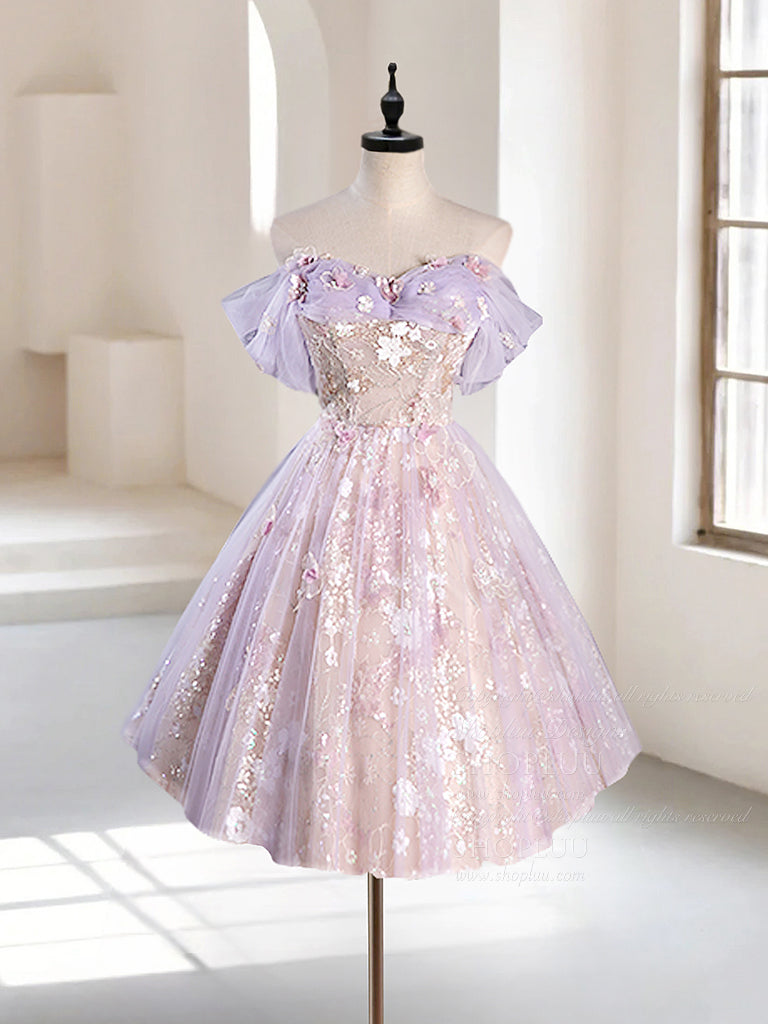 Elegant Off-Shoulder A-Line Tulle Lace Short Prom Dress in Purple - Perfect for Homecoming, Party & Special Occasions