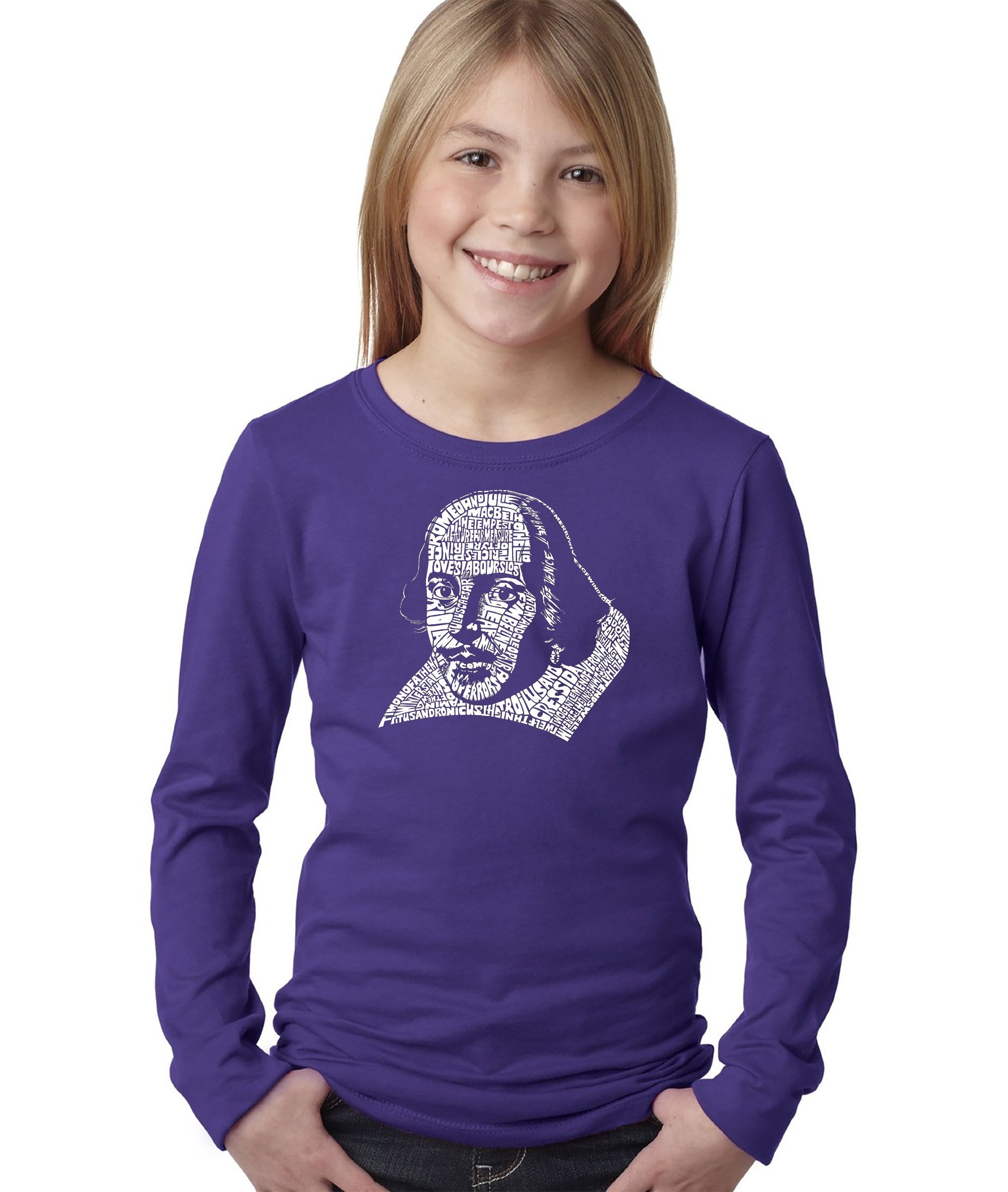 LA POP ART Girls Long Sleeve Shakespeare Comedy & Tragedy Word Art T-Shirt - Cute Literary Graphic Tee for School, Book Club & Theater Lovers